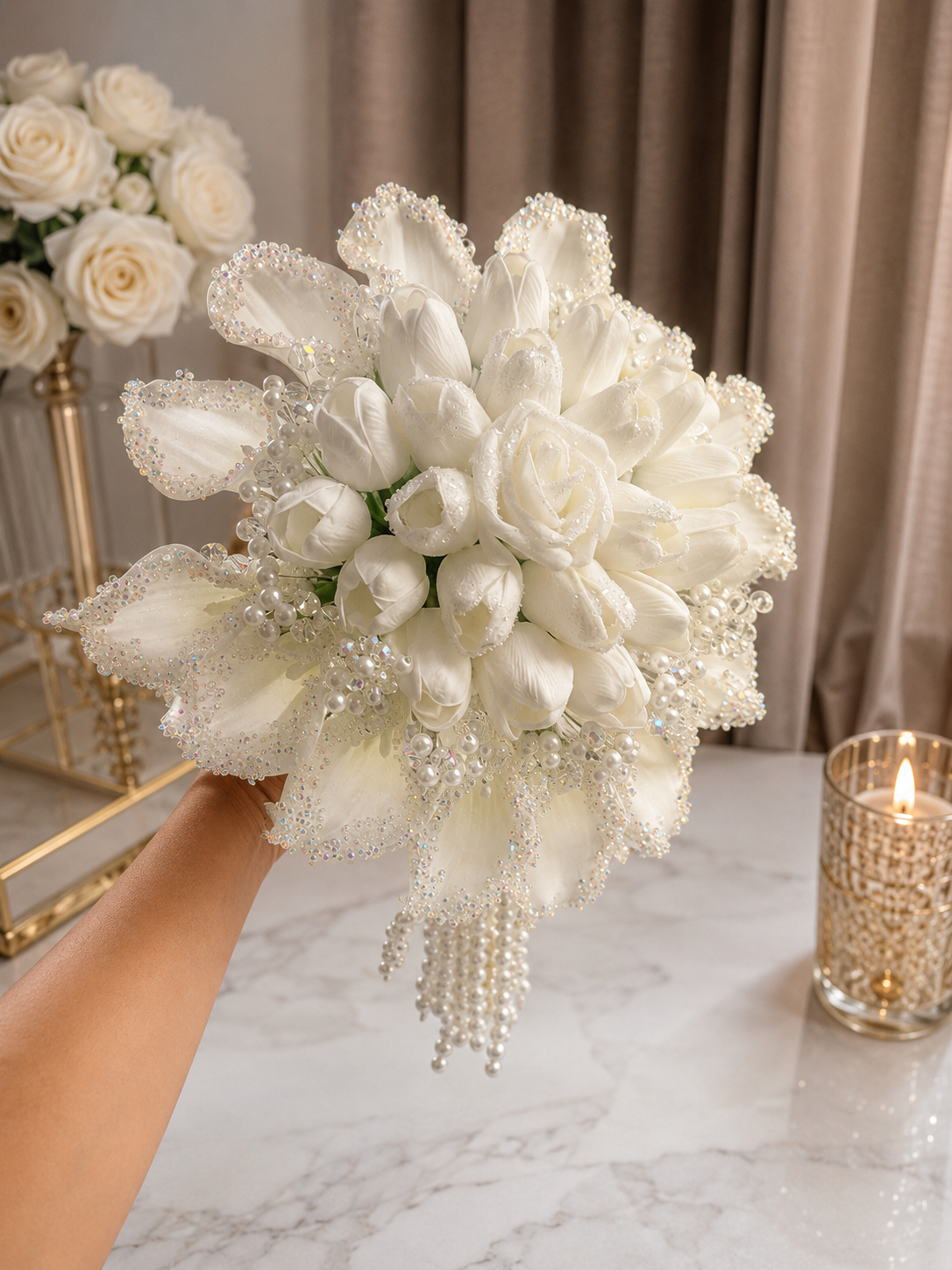 Luxury White Bridal Bouquet with Pearls & Crystal Details | Handmade Wedding Bouquet