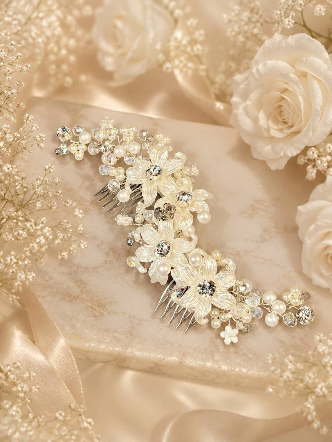 Handmade Bridal Hair Vine with White Flowers, Pearls & Crystals