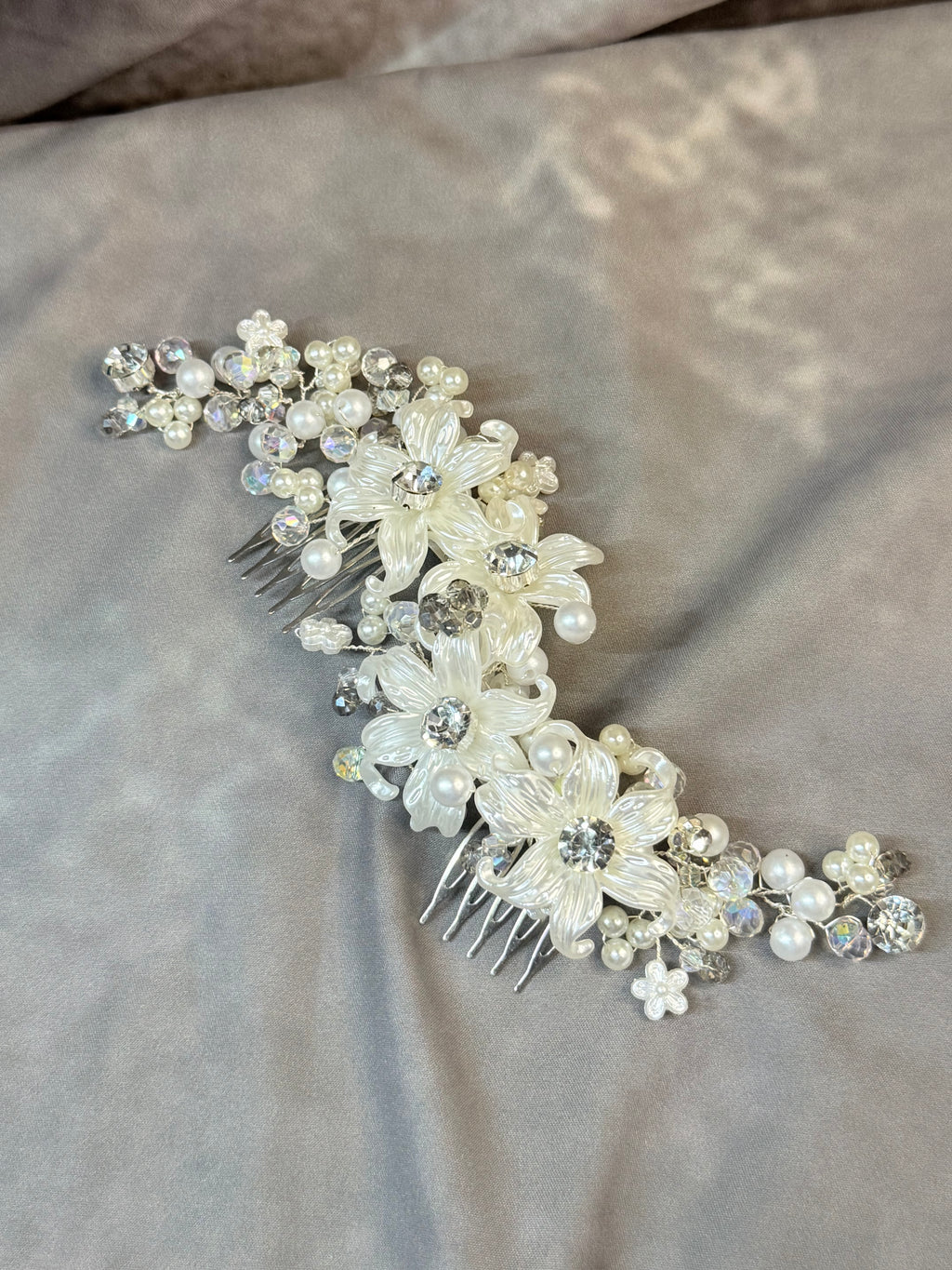 Handmade Bridal Hair Vine with White Flowers, Pearls & Crystals
