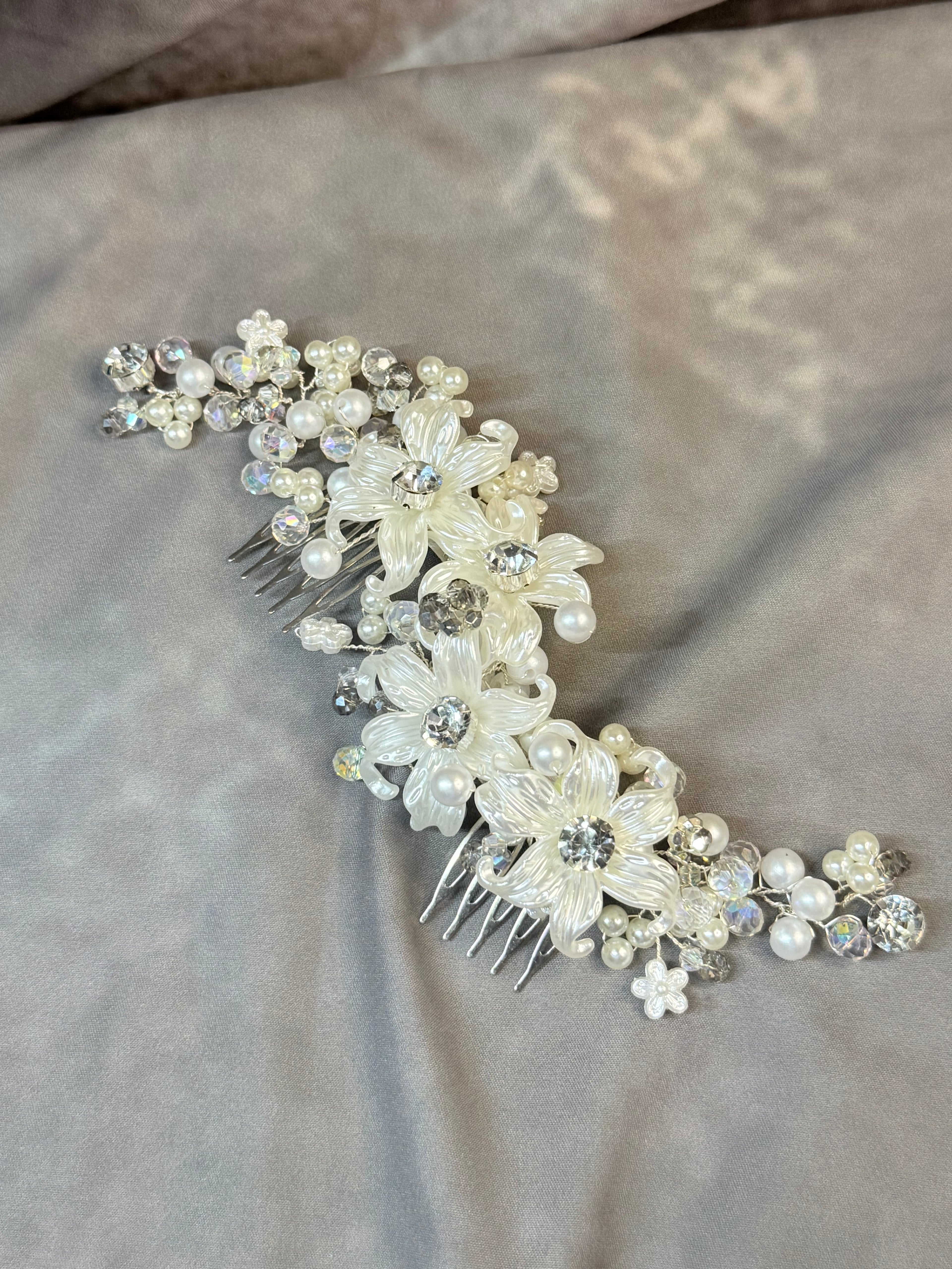 Handmade Bridal Hair Vine with White Flowers, Pearls & Crystals