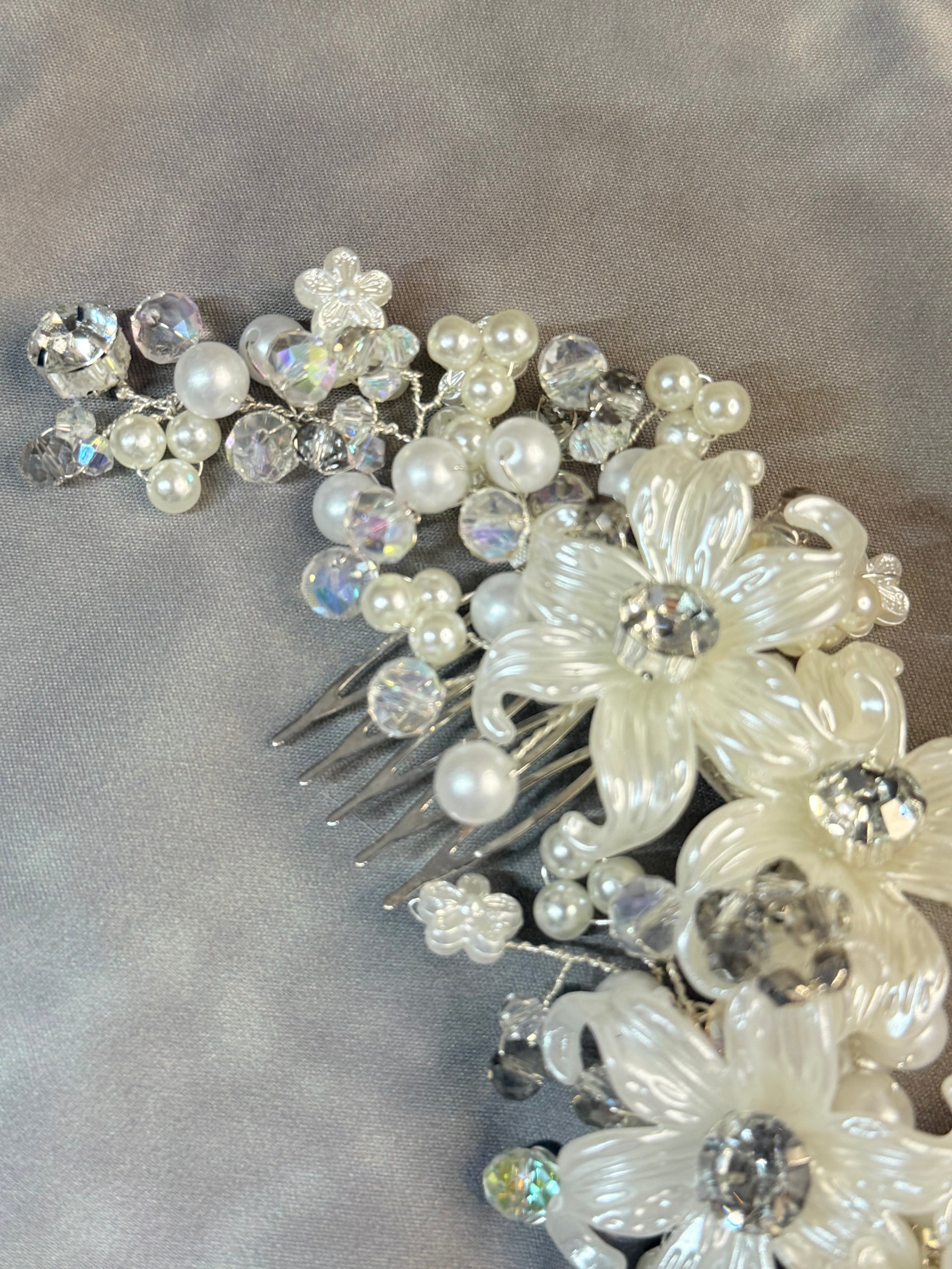 Handmade Bridal Hair Vine with White Flowers, Pearls & Crystals