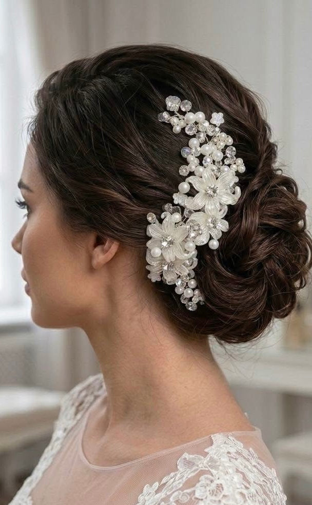 Handmade Bridal Hair Vine with White Flowers, Pearls & Crystals