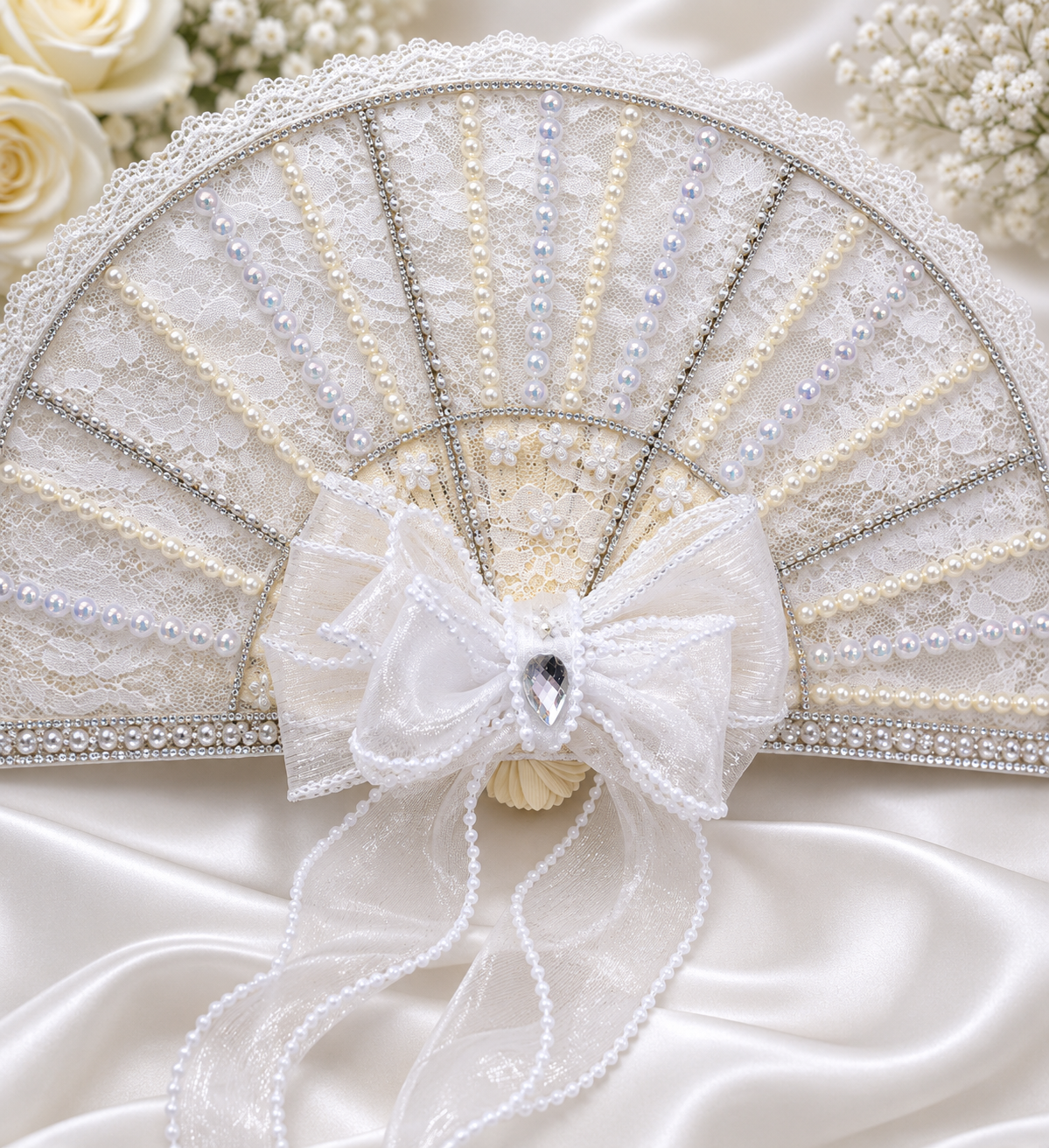Luxury White Lace Bridal Hand Fan with Pearls & Rhinestone Bow