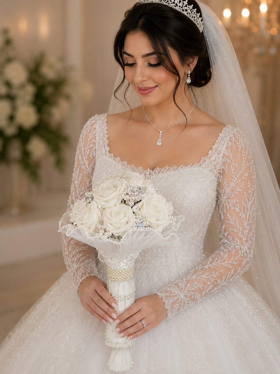 The Pearl Breeze – Luxury Bridal Bouquet & Hand Fan Set