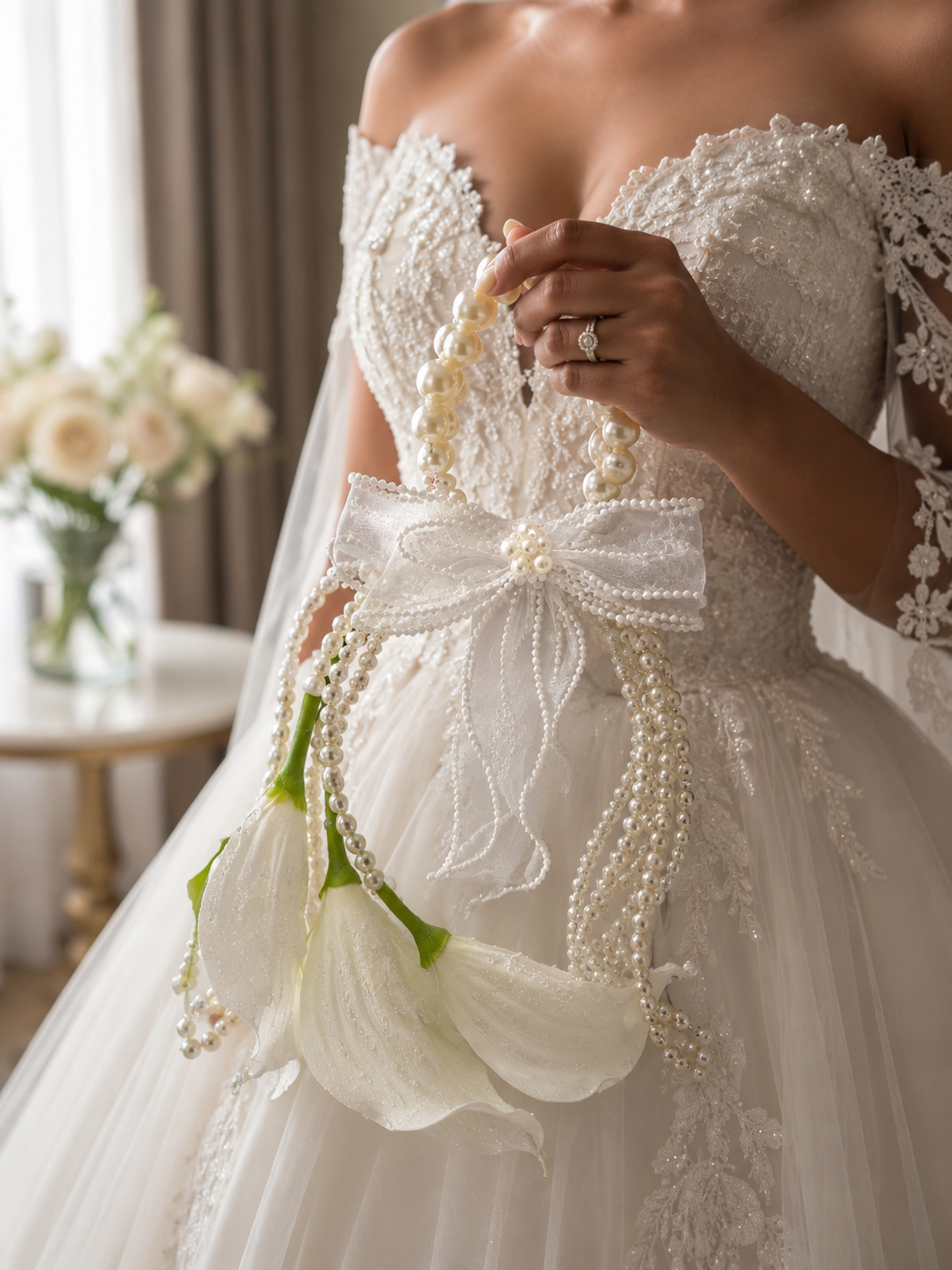Luxury Pearl Calla Lily Bridal Bouquet | Unique Wedding Purse Bouquet