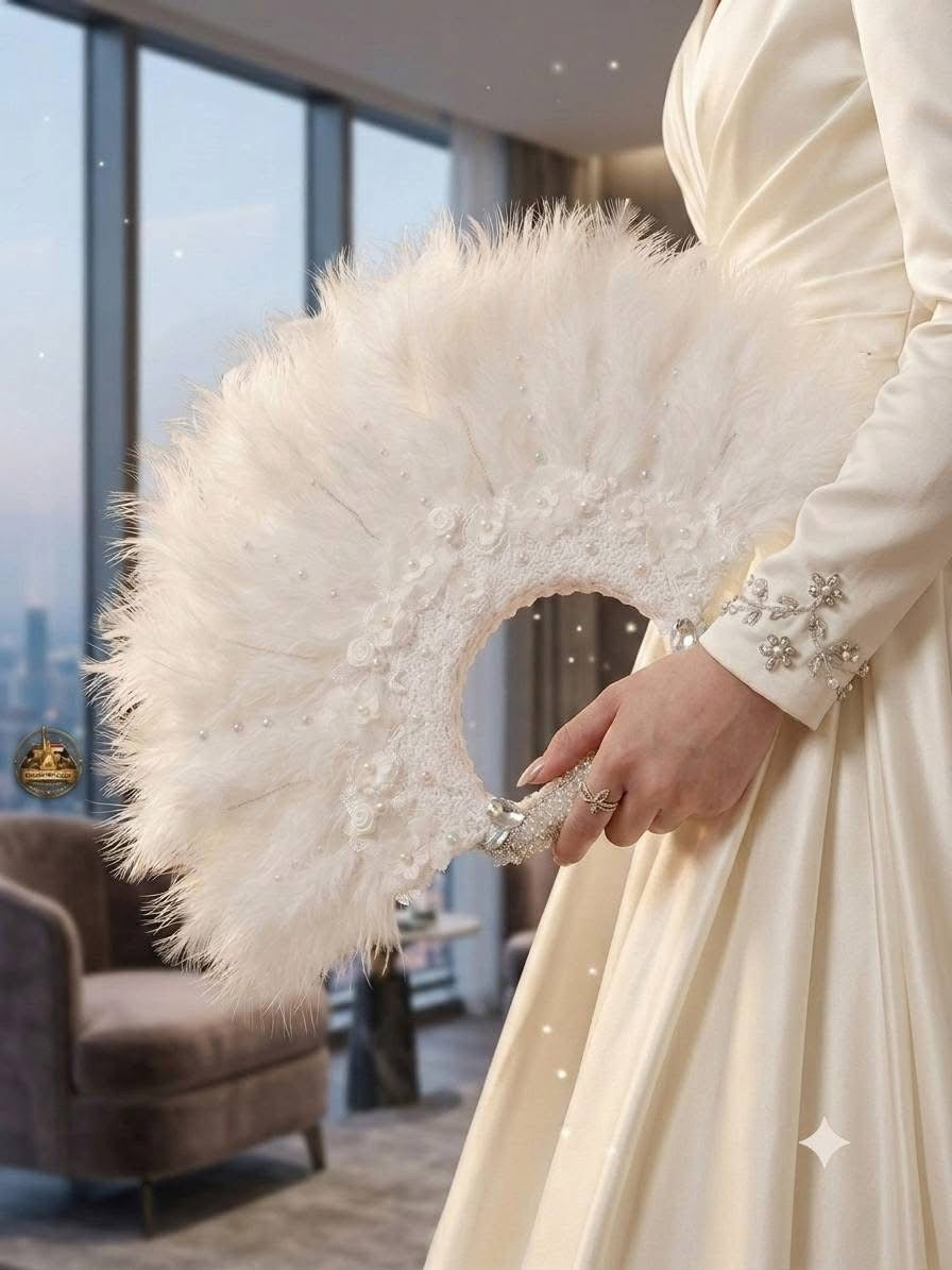 Luxury White Feather Bridal Fan with Pearls, Lace & Crystal Details
