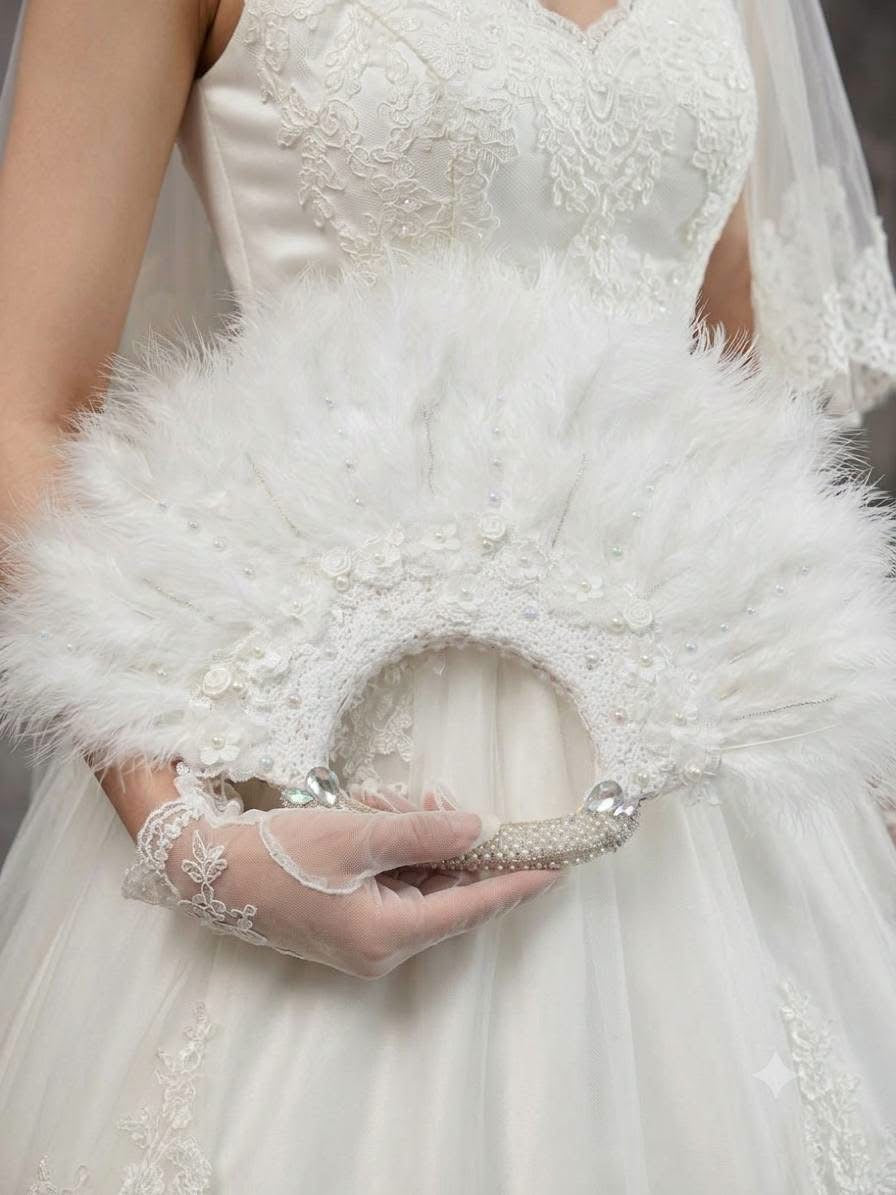 Luxury White Feather Bridal Fan with Pearls, Lace & Crystal Details