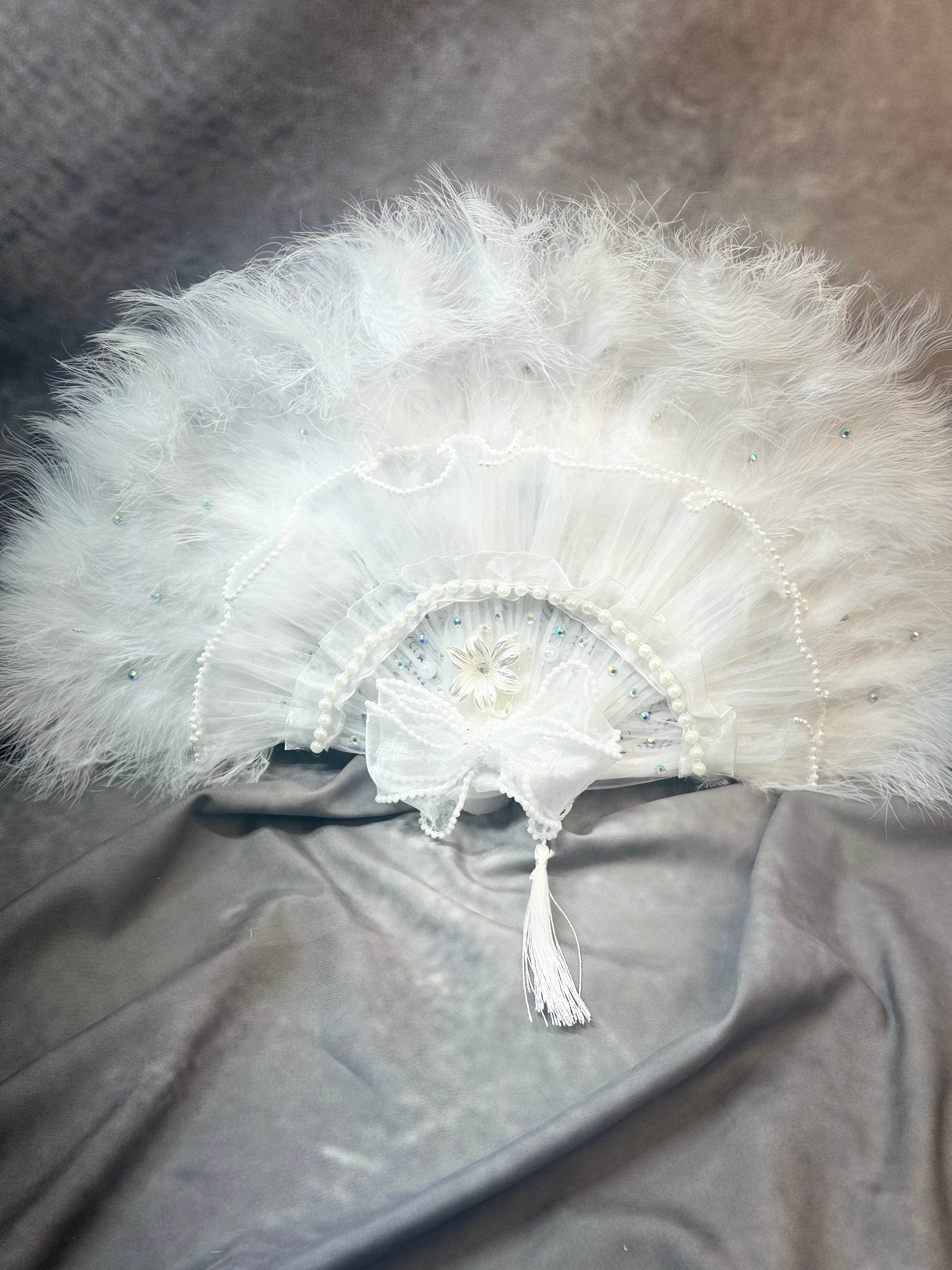 Luxury White Lace Bridal Hand Fan with Pearls & Rhinestone Bow