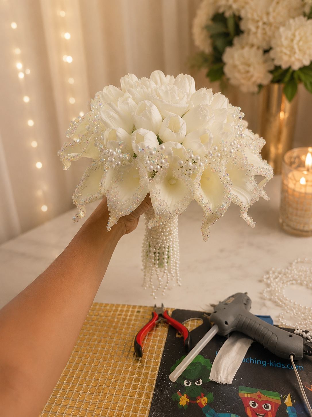 Luxury White Bridal Bouquet with Pearls & Crystal Details | Handmade Wedding Bouquet