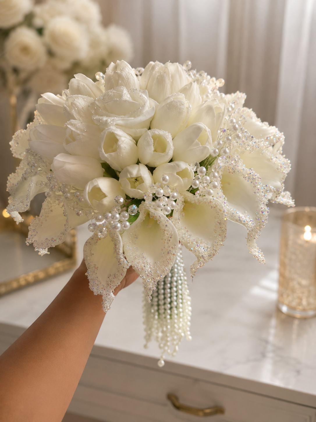 Luxury White Bridal Bouquet with Pearls & Crystal Details | Handmade Wedding Bouquet