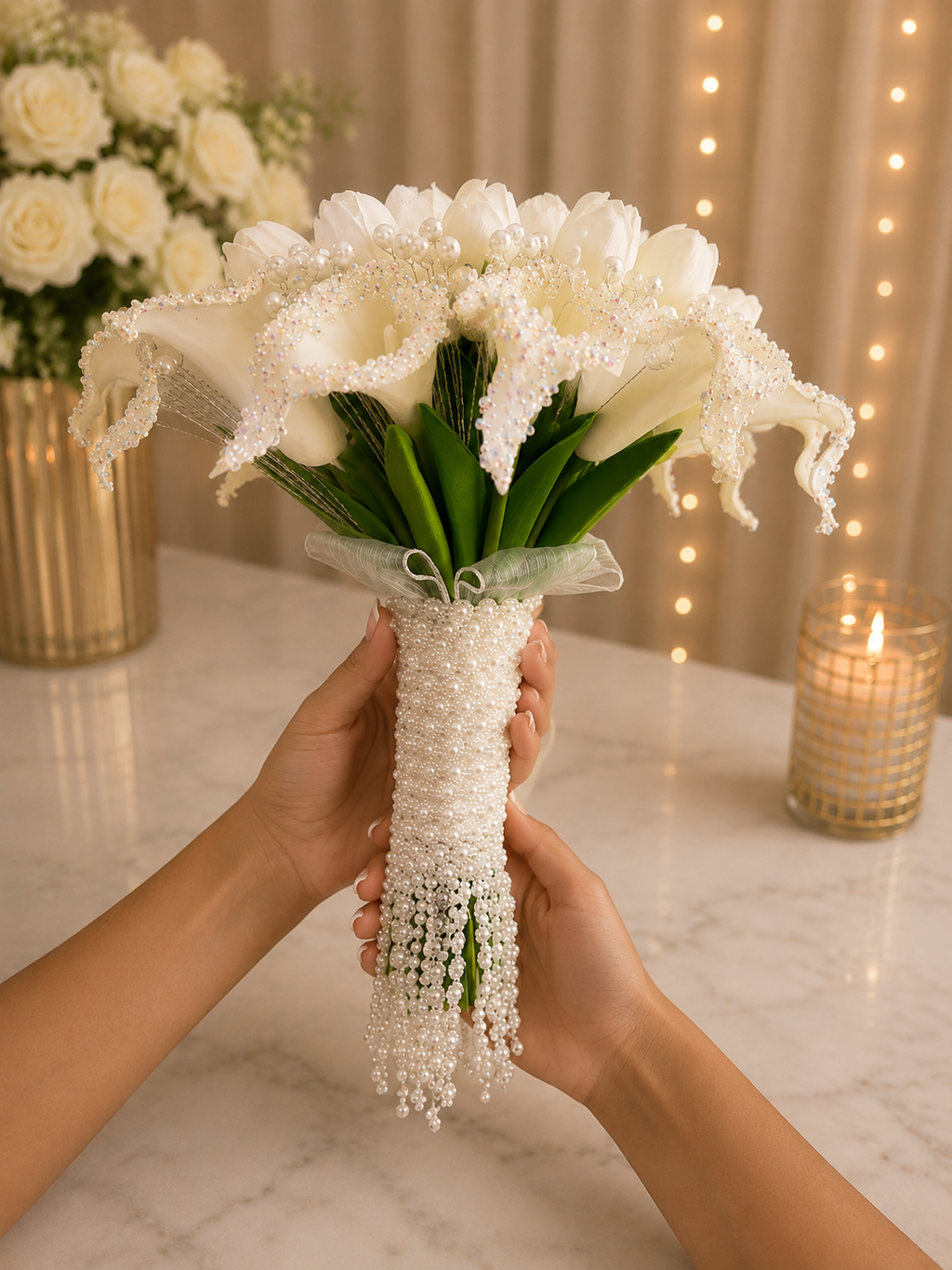 Luxury White Bridal Bouquet with Pearls & Crystal Details | Handmade Wedding Bouquet