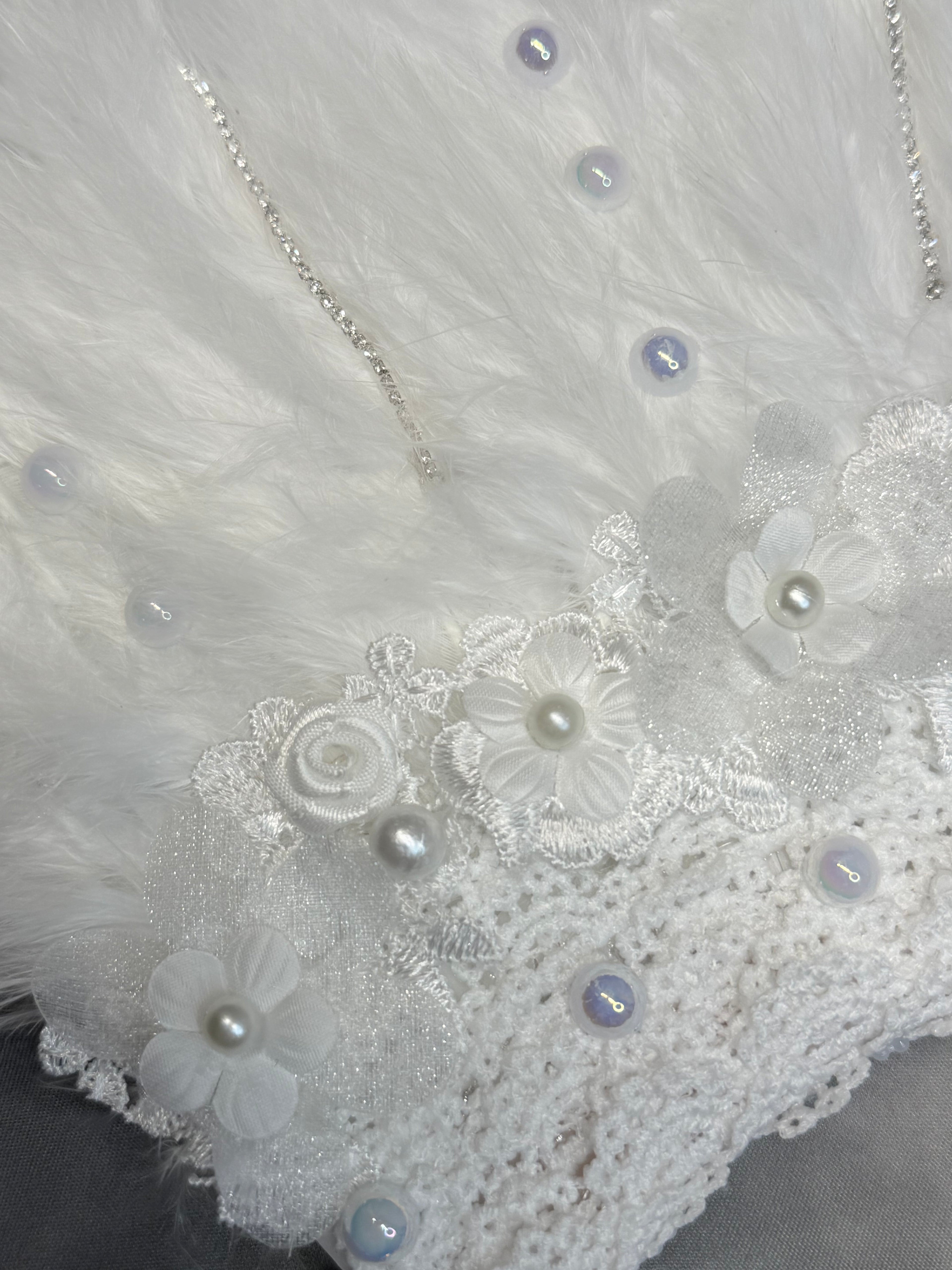 Luxury White Feather Bridal Fan with Pearls, Lace & Crystal Details