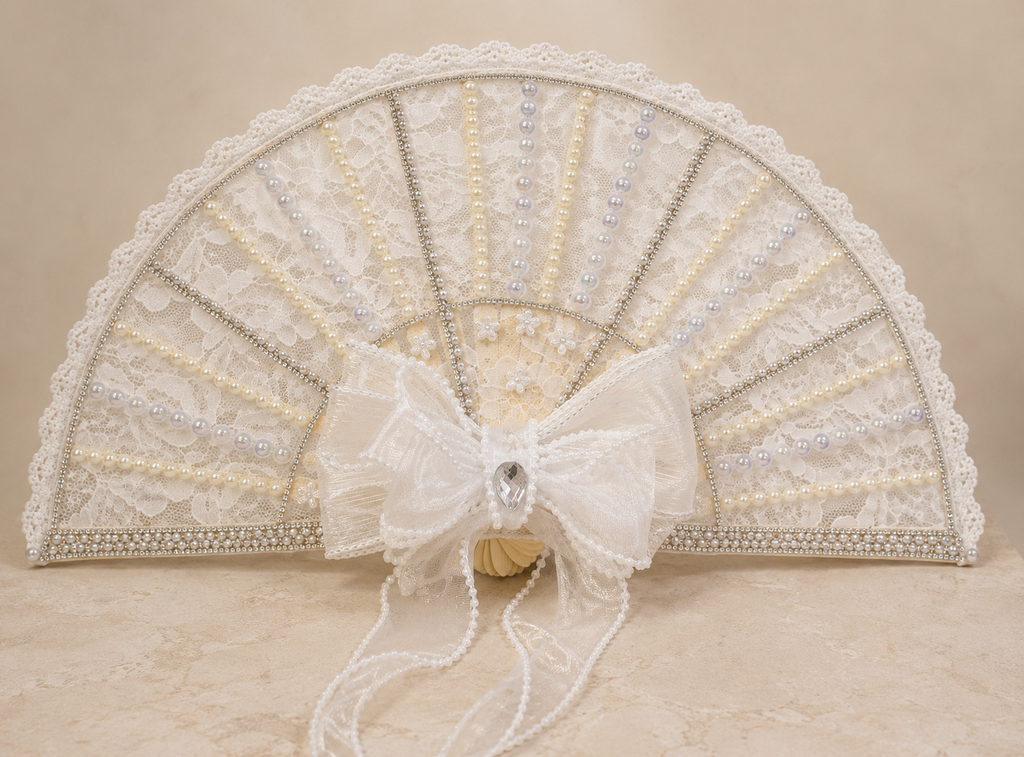 Luxury White Lace Bridal Hand Fan with Pearls & Rhinestone Bow