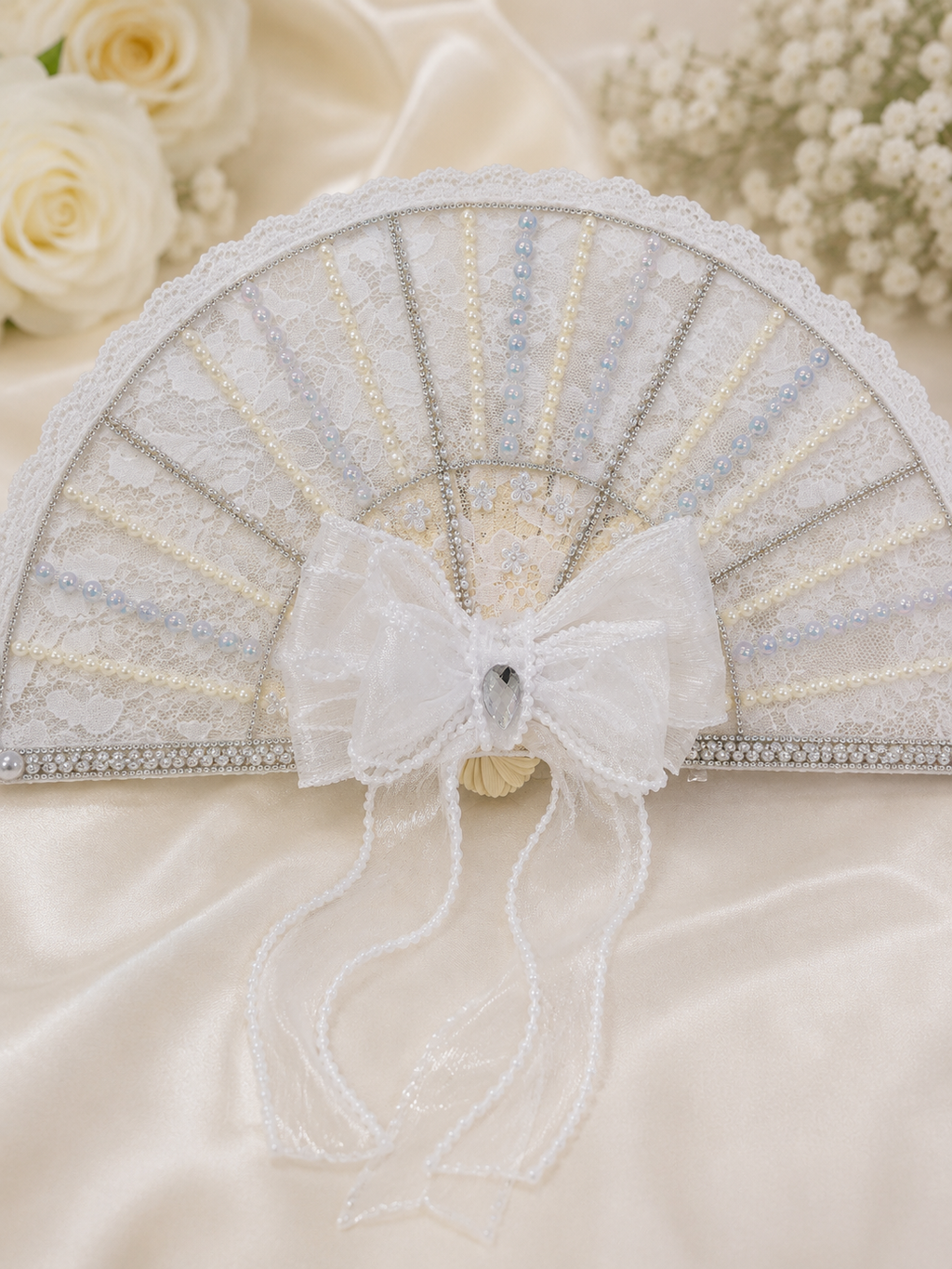 Luxury White Lace Bridal Hand Fan with Pearls & Rhinestone Bow