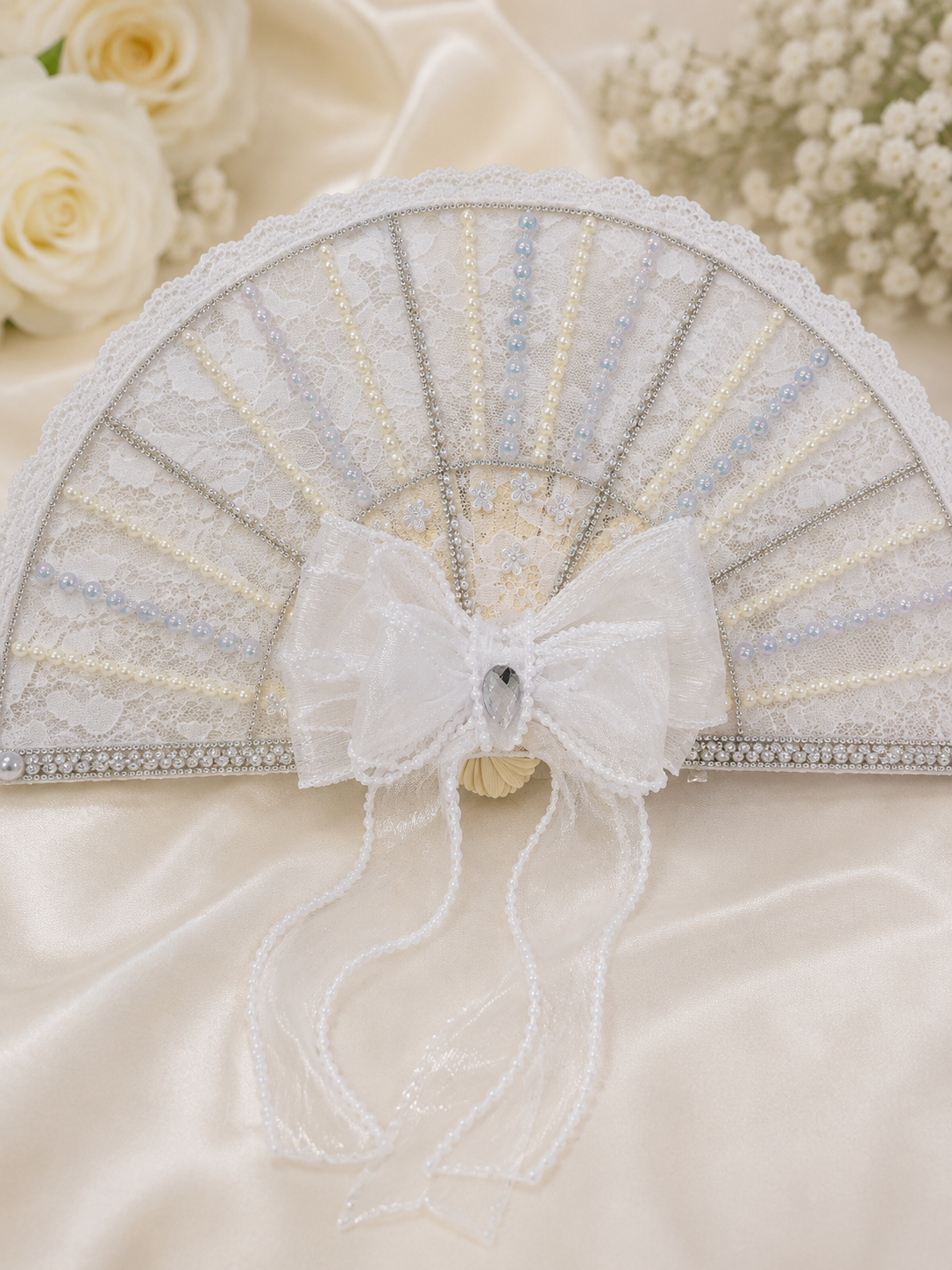 Luxury White Lace Bridal Hand Fan with Pearls & Rhinestone Bow