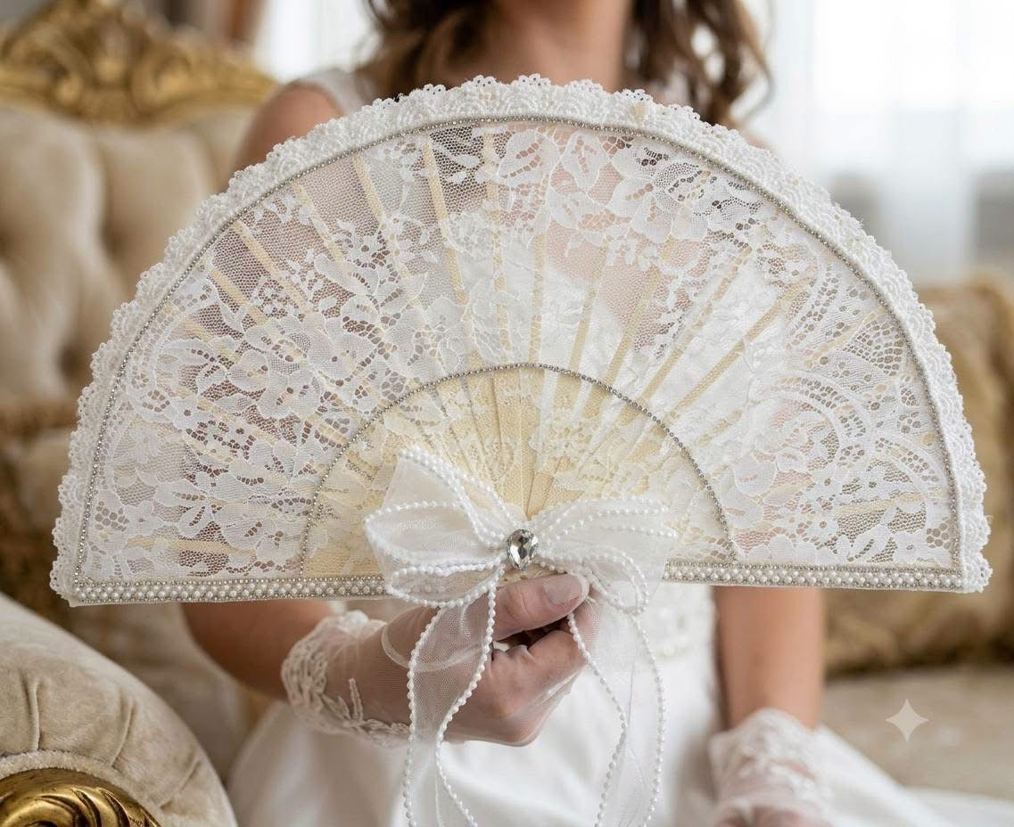 Luxury White Lace Bridal Hand Fan with Pearls & Rhinestone Bow