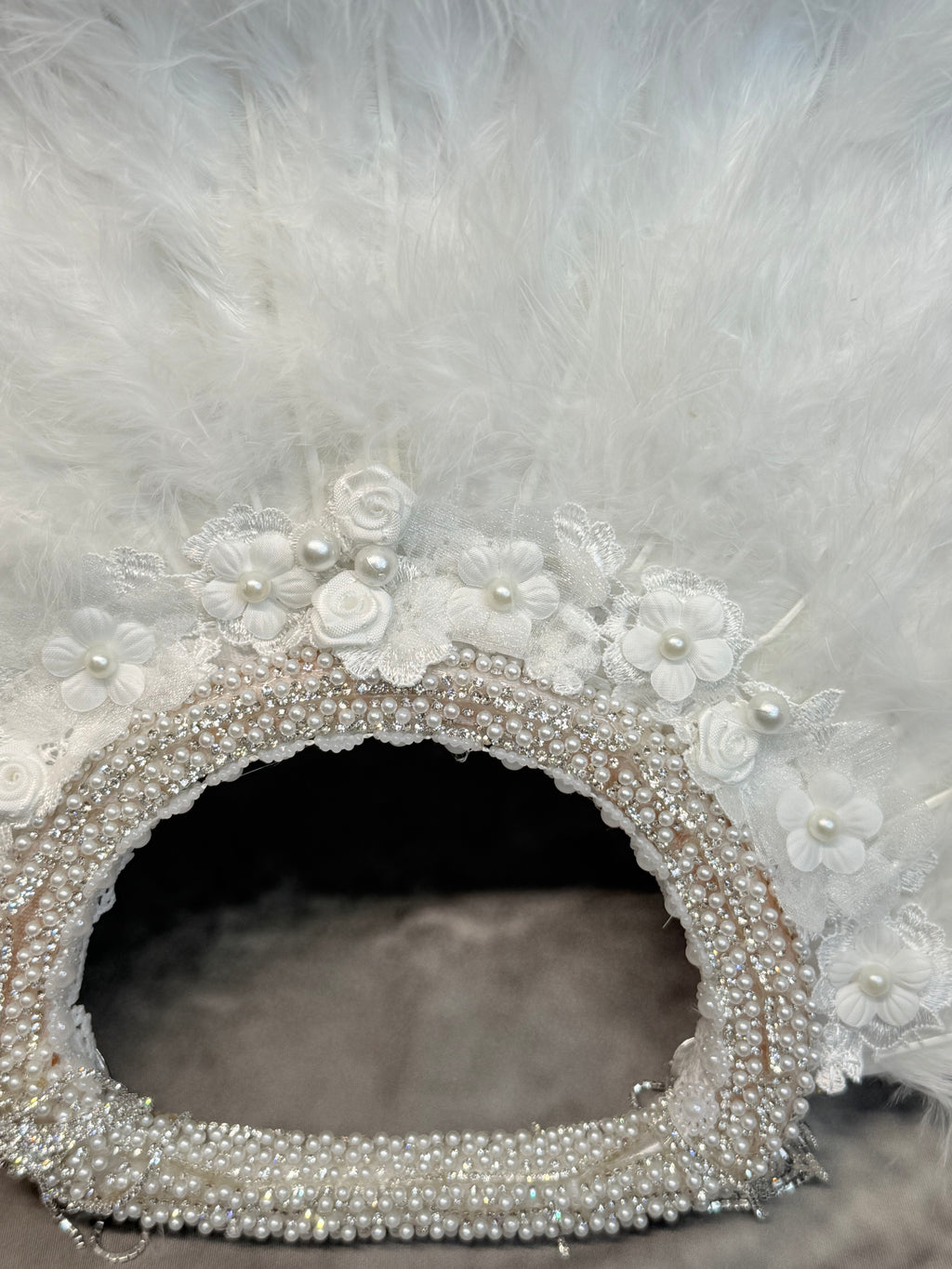 Luxury White Feather Bridal Fan with Pearls, Lace & Crystal Details