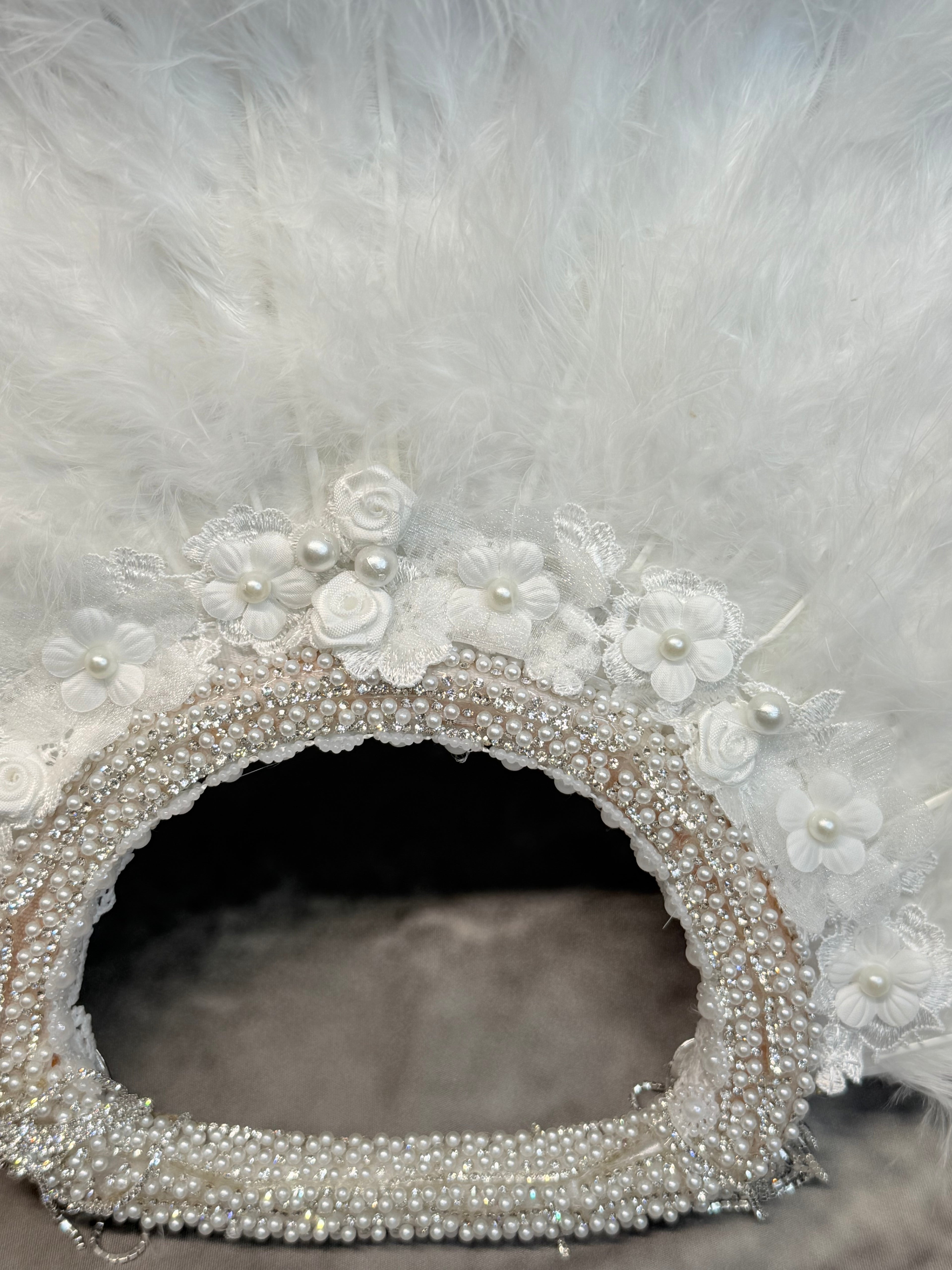 Luxury White Feather Bridal Fan with Pearls, Lace & Crystal Details