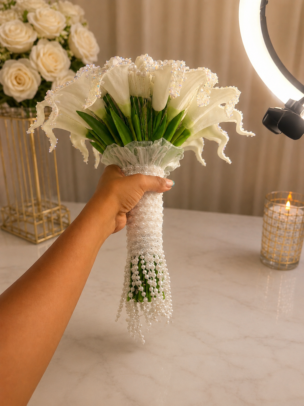 Luxury White Bridal Bouquet with Pearls & Crystal Details | Handmade Wedding Bouquet