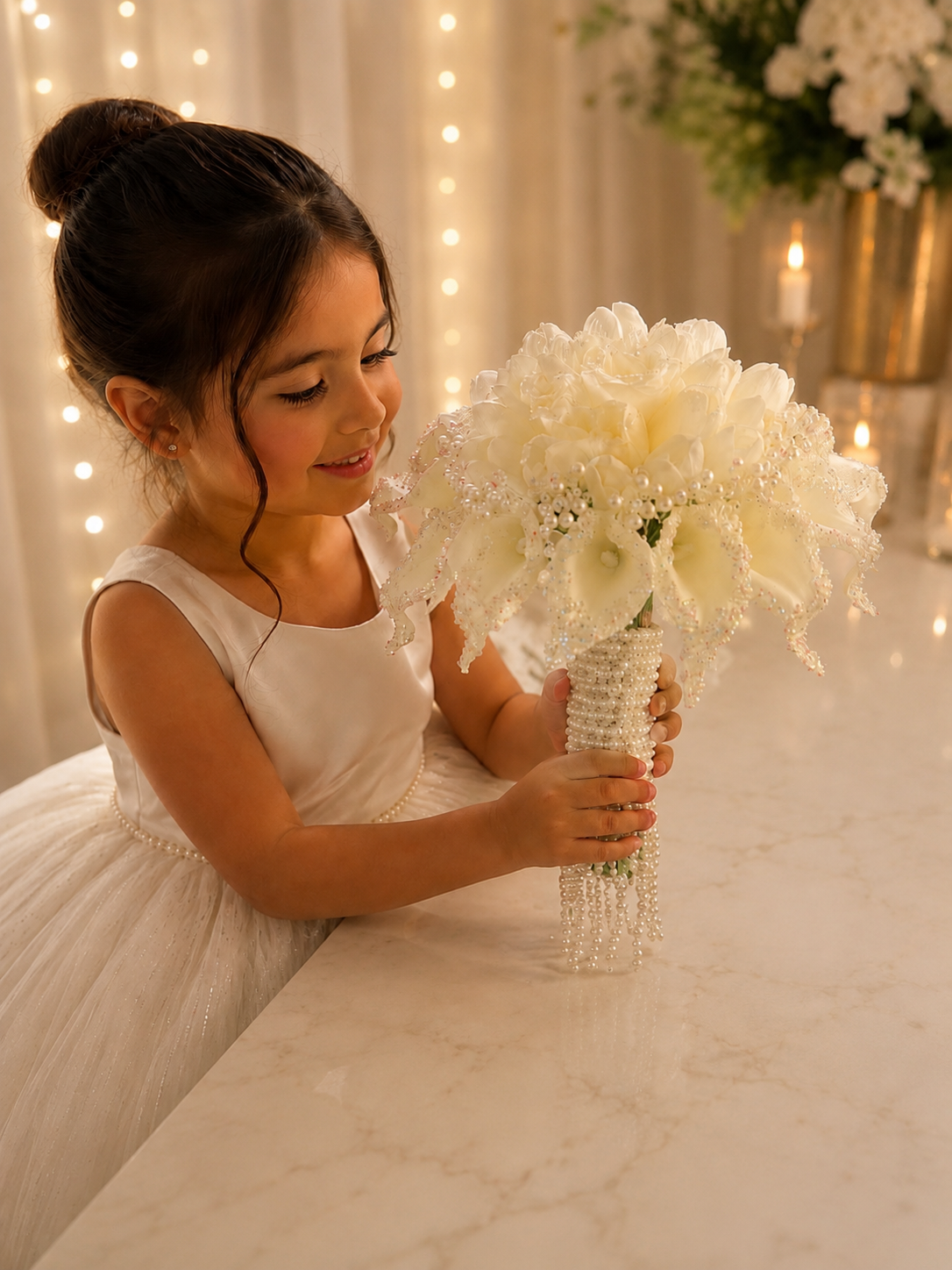 Luxury White Bridal Bouquet with Pearls & Crystal Details | Handmade Wedding Bouquet