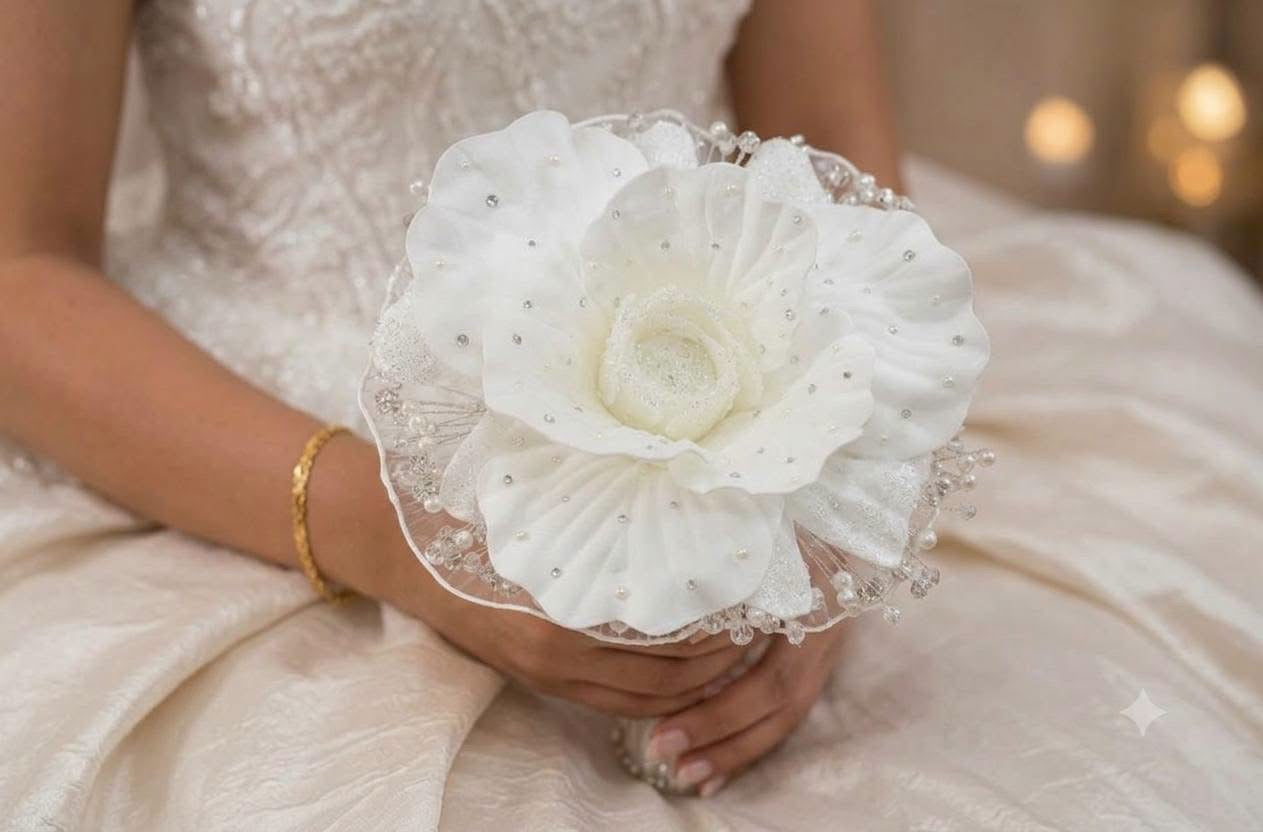 Luxury White Bridal Bouquet with Pearls & Crystals | Handmade Statement Wedding Bouquet
