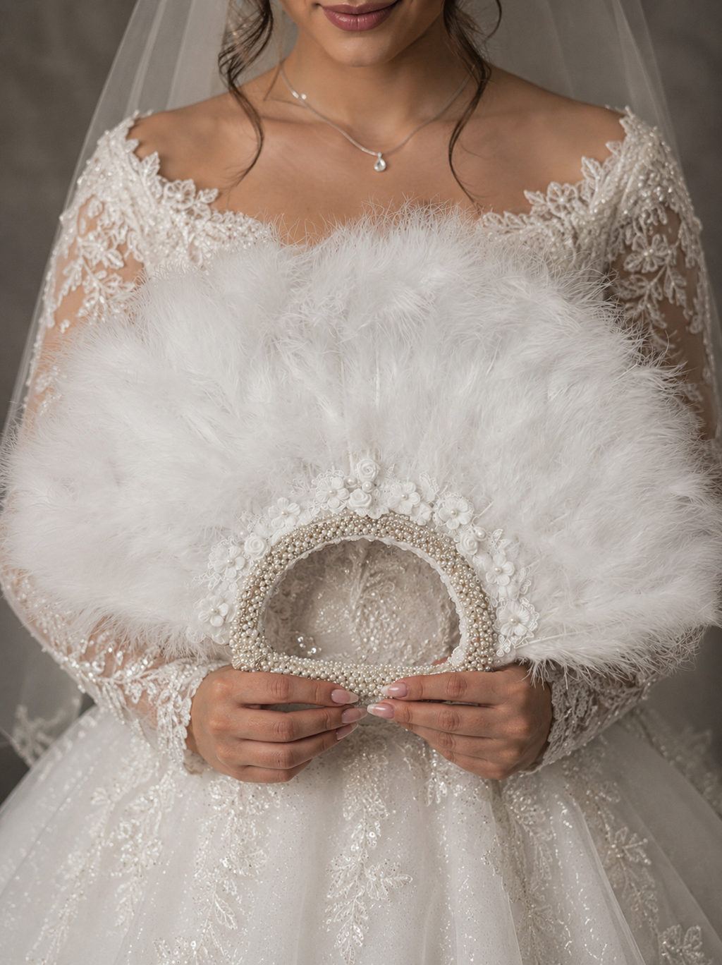 Luxury White Feather Bridal Fan with Pearls, Lace & Crystal Details
