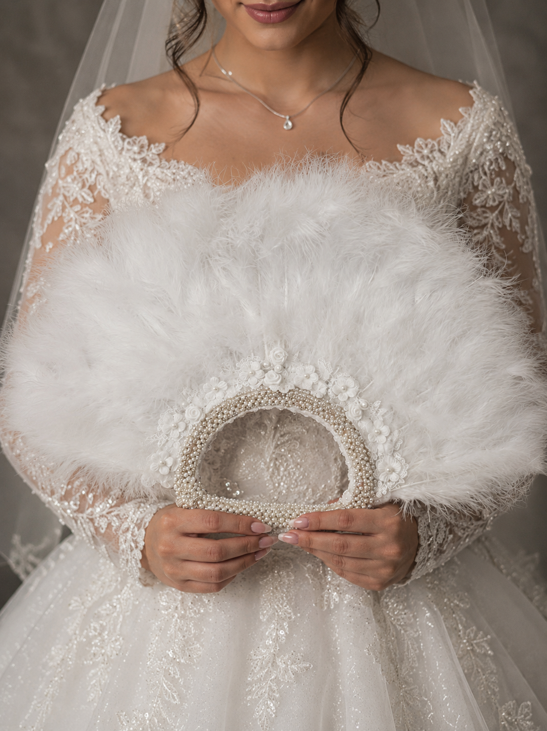 Luxury White Feather Bridal Fan with Pearls, Lace & Crystal Details