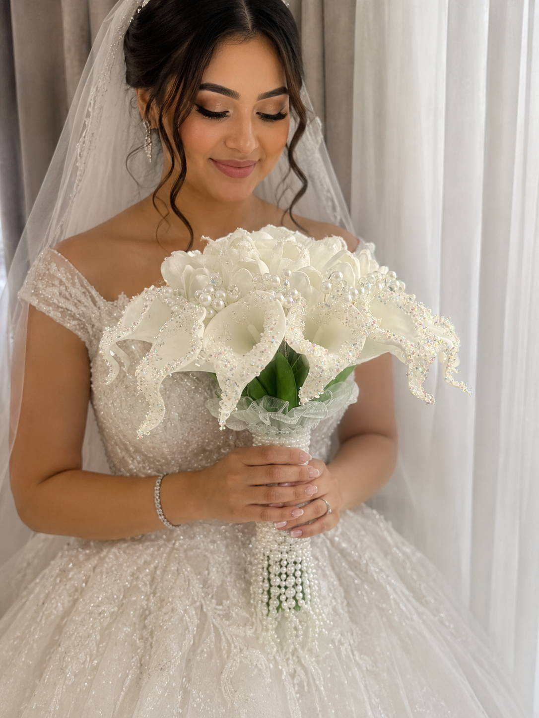 Luxury White Bridal Bouquet with Pearls & Crystal Details | Handmade Wedding Bouquet