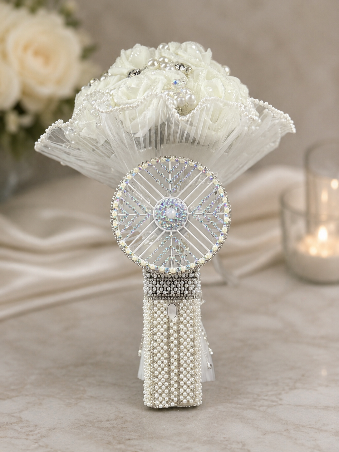 The Pearl Breeze – Luxury Bridal Bouquet & Hand Fan Set