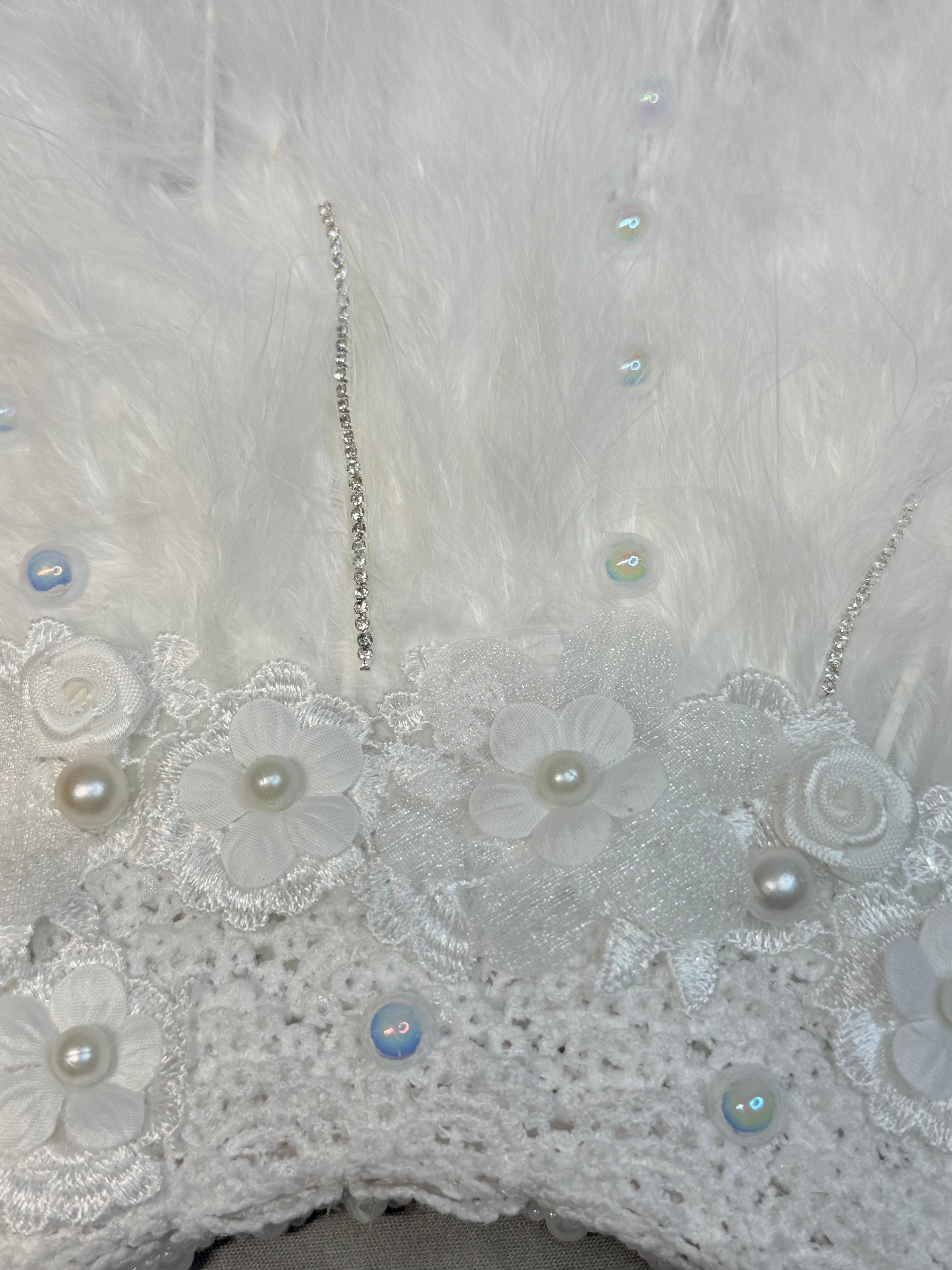 Luxury White Feather Bridal Fan with Pearls, Lace & Crystal Details