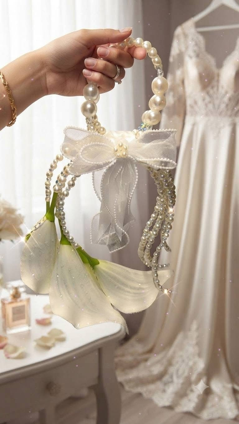 Luxury Pearl Calla Lily Bridal Bouquet | Unique Wedding Purse Bouquet