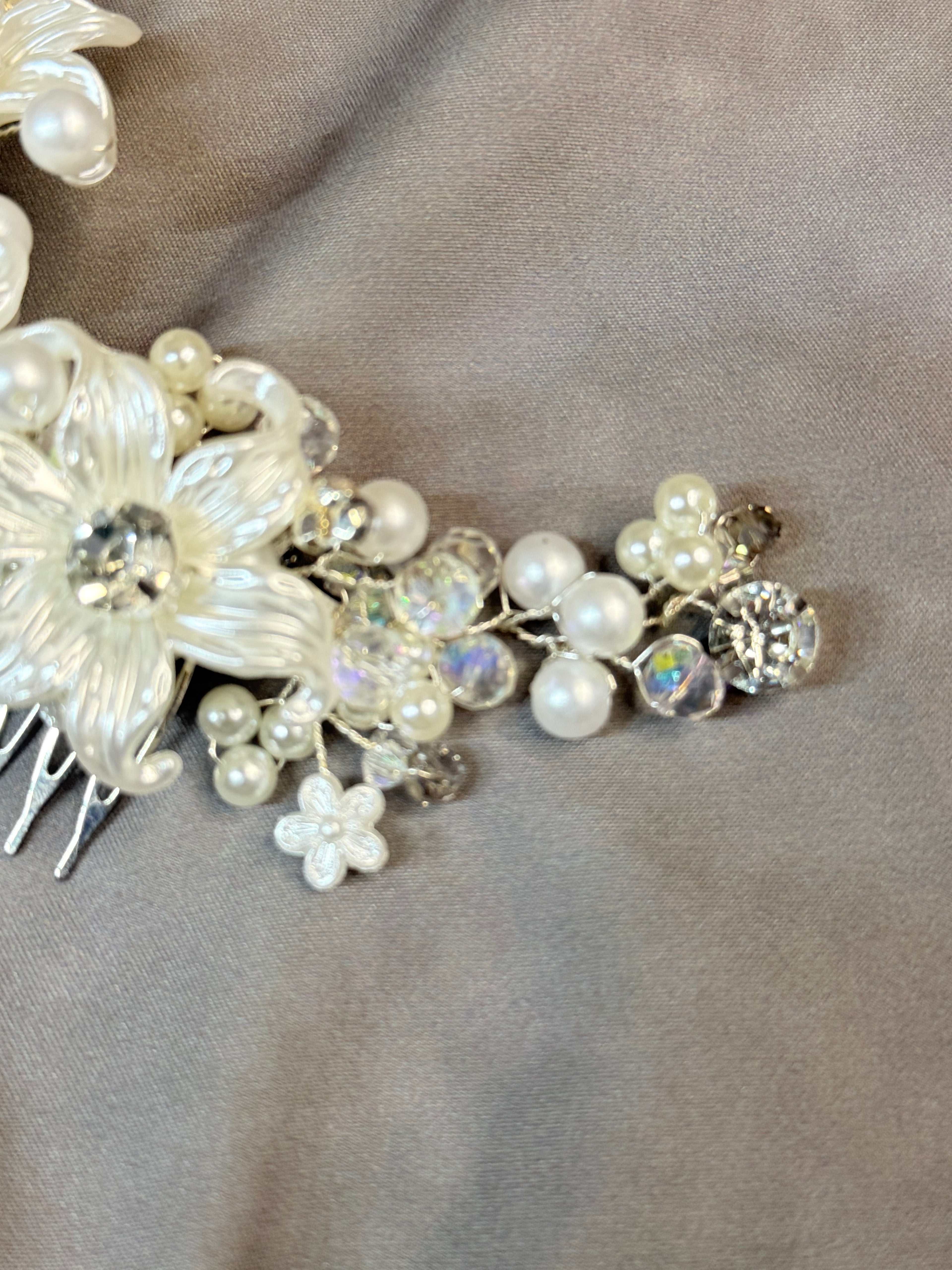 Handmade Bridal Hair Vine with White Flowers, Pearls & Crystals
