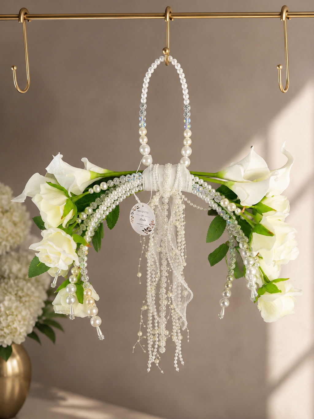 Luxury Pearl Hoop Bridal Bouquet | White Calla Lily Wedding Bouquet | Elegant Hanging Wedding Flowers | Handmade Bridal Bouquet