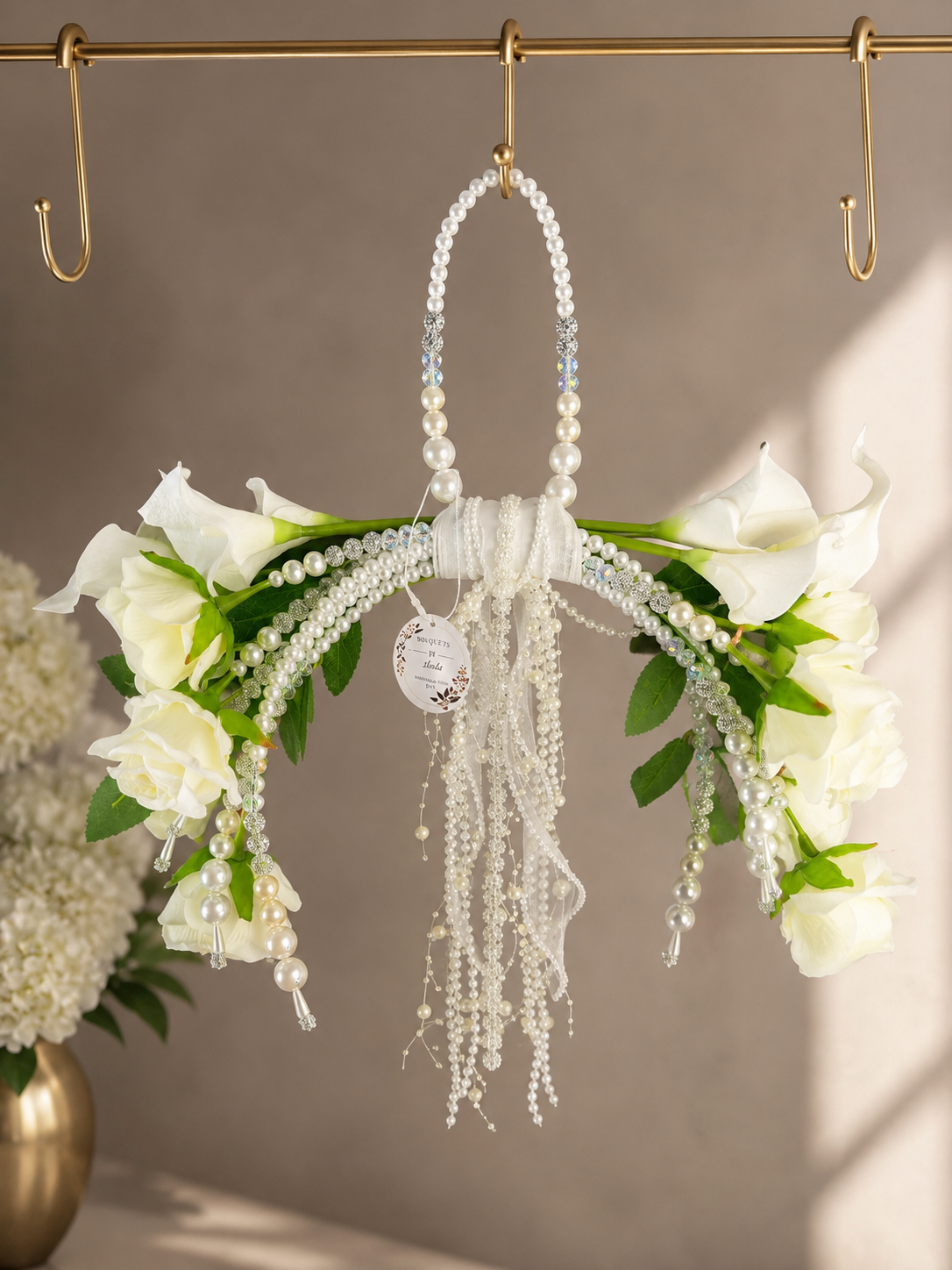Luxury Pearl Hoop Bridal Bouquet | White Calla Lily Wedding Bouquet | Elegant Hanging Wedding Flowers | Handmade Bridal Bouquet