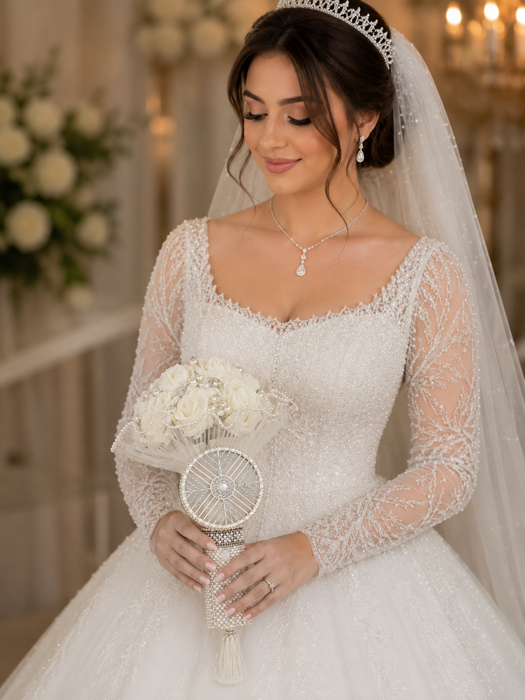The Pearl Breeze – Luxury Bridal Bouquet & Hand Fan Set