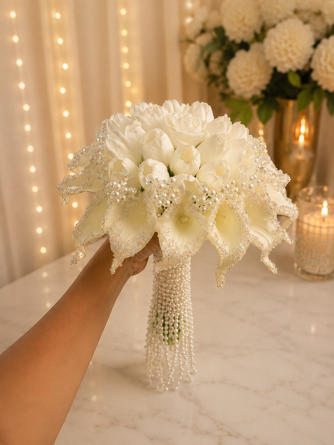 Luxury White Bridal Bouquet with Pearls & Crystal Details | Handmade Wedding Bouquet