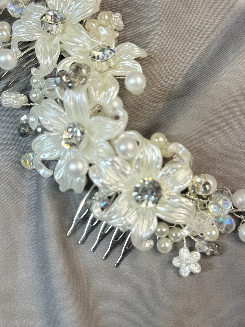 Handmade Bridal Hair Vine with White Flowers, Pearls & Crystals