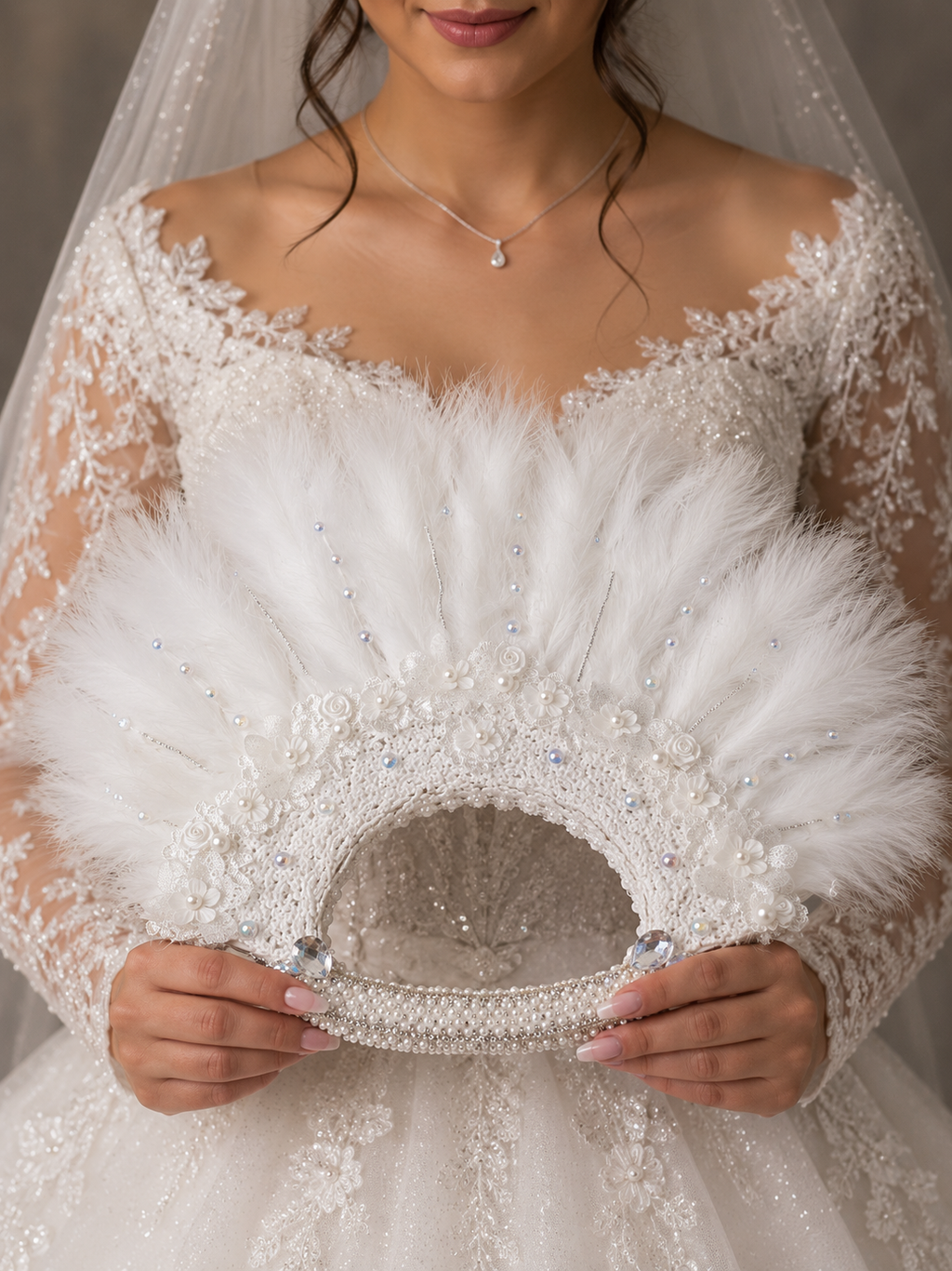 Luxury White Feather Bridal Fan with Pearls, Lace & Crystal Details