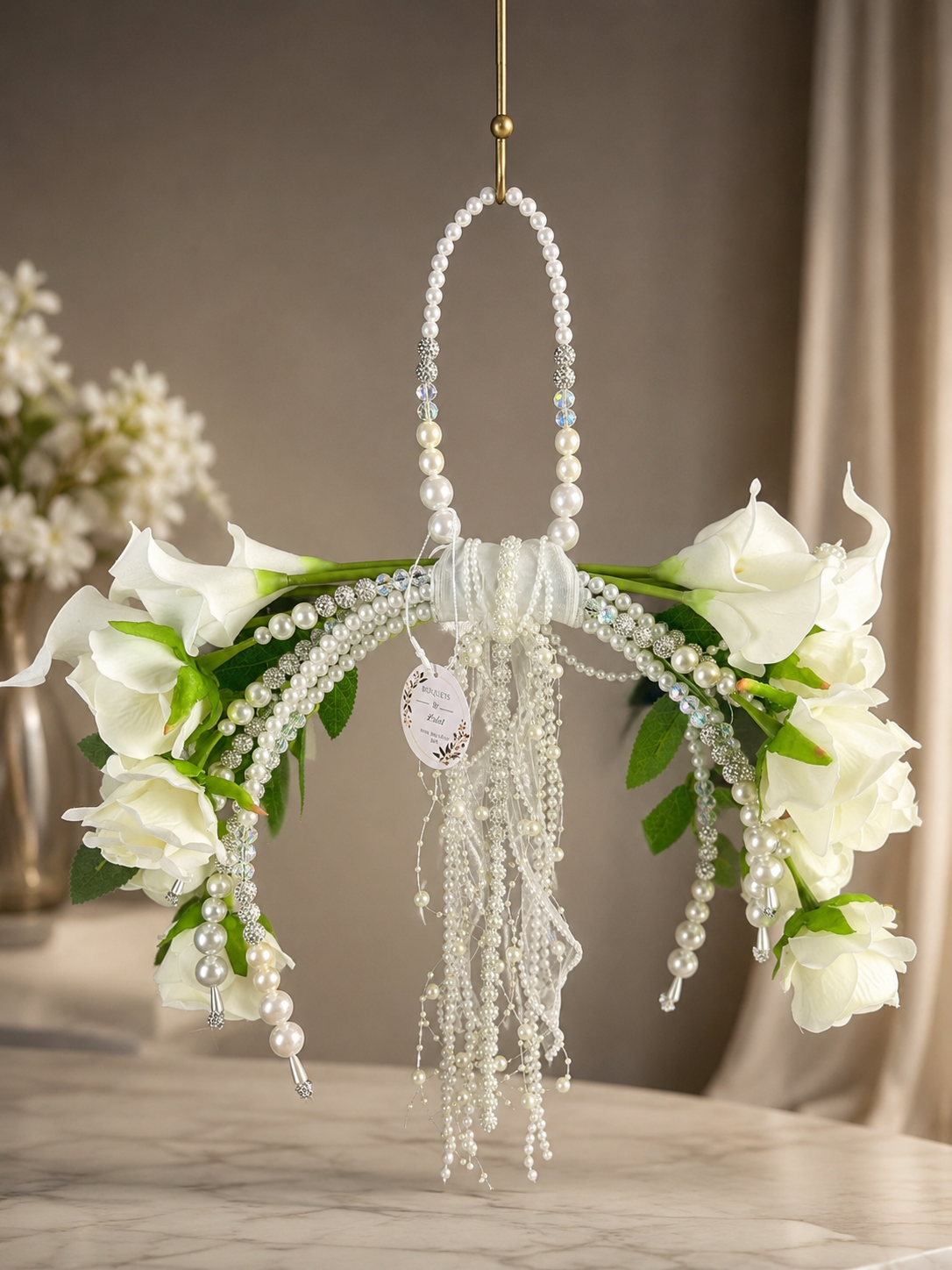 Luxury Pearl Hoop Bridal Bouquet | White Calla Lily Wedding Bouquet | Elegant Hanging Wedding Flowers | Handmade Bridal Bouquet