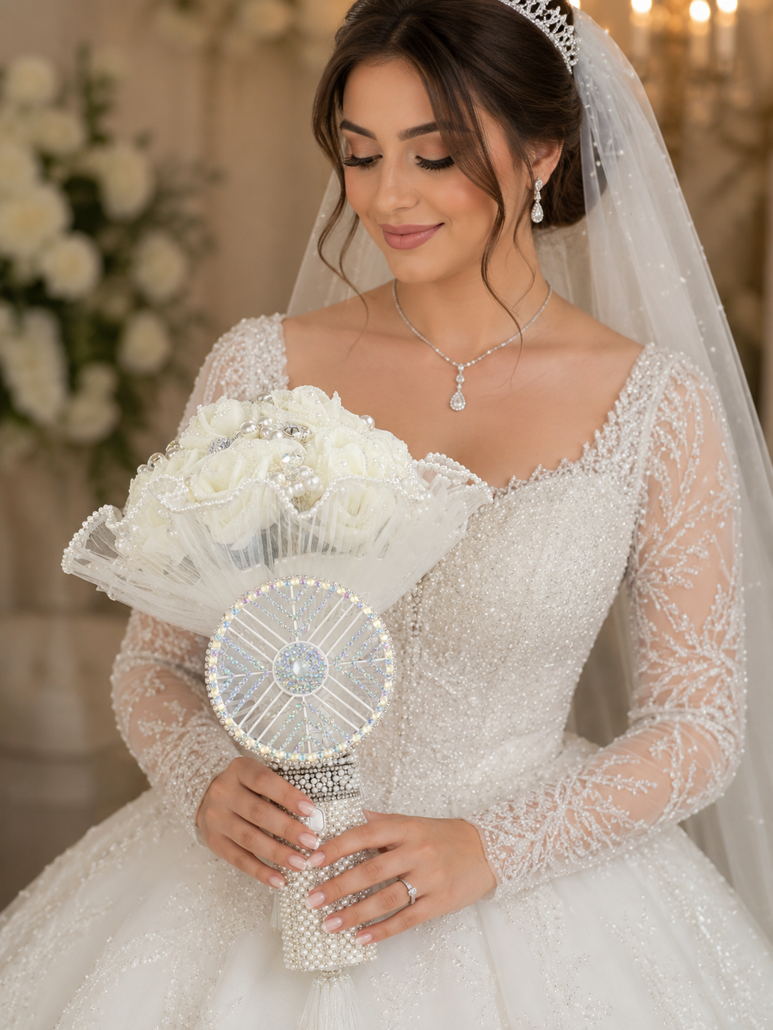The Pearl Breeze – Luxury Bridal Bouquet & Hand Fan Set