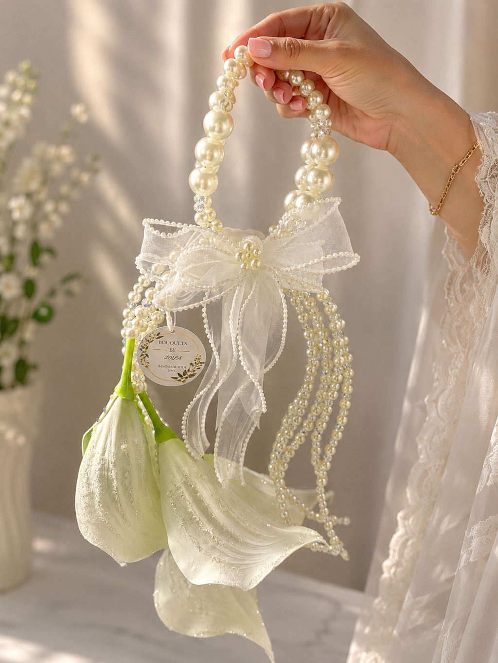 Luxury Pearl Calla Lily Bridal Bouquet | Unique Wedding Purse Bouquet