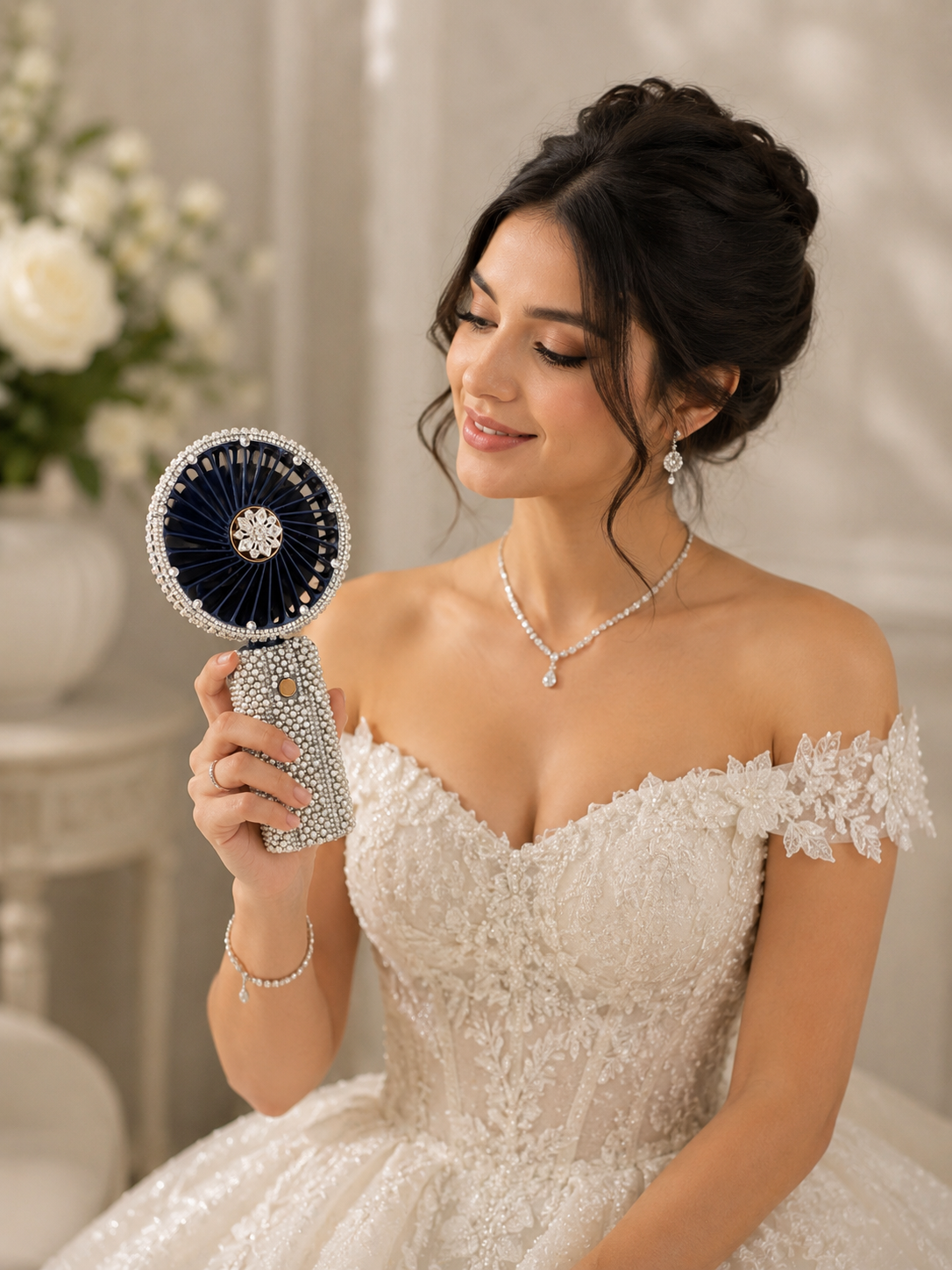 Luxury Bridal Handheld Fan – White or Navy Crystal Fan
