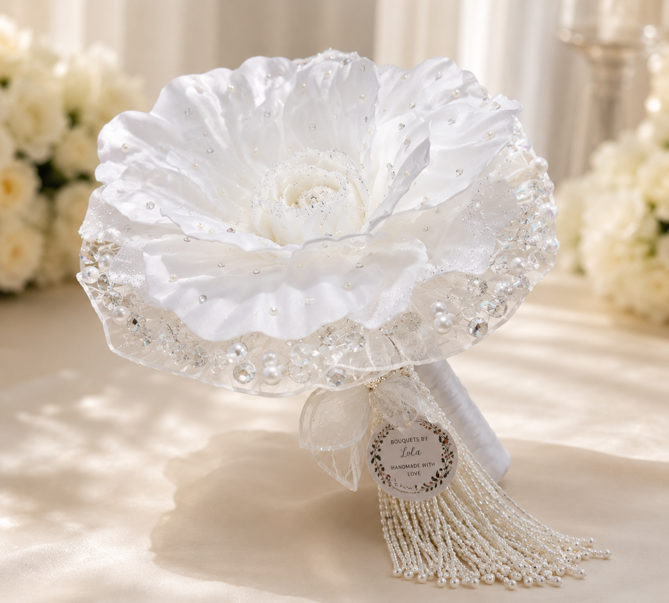 Luxury White Bridal Bouquet with Pearls & Crystals | Handmade Statement Wedding Bouquet
