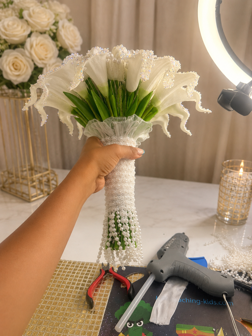 Luxury White Bridal Bouquet with Pearls & Crystal Details | Handmade Wedding Bouquet