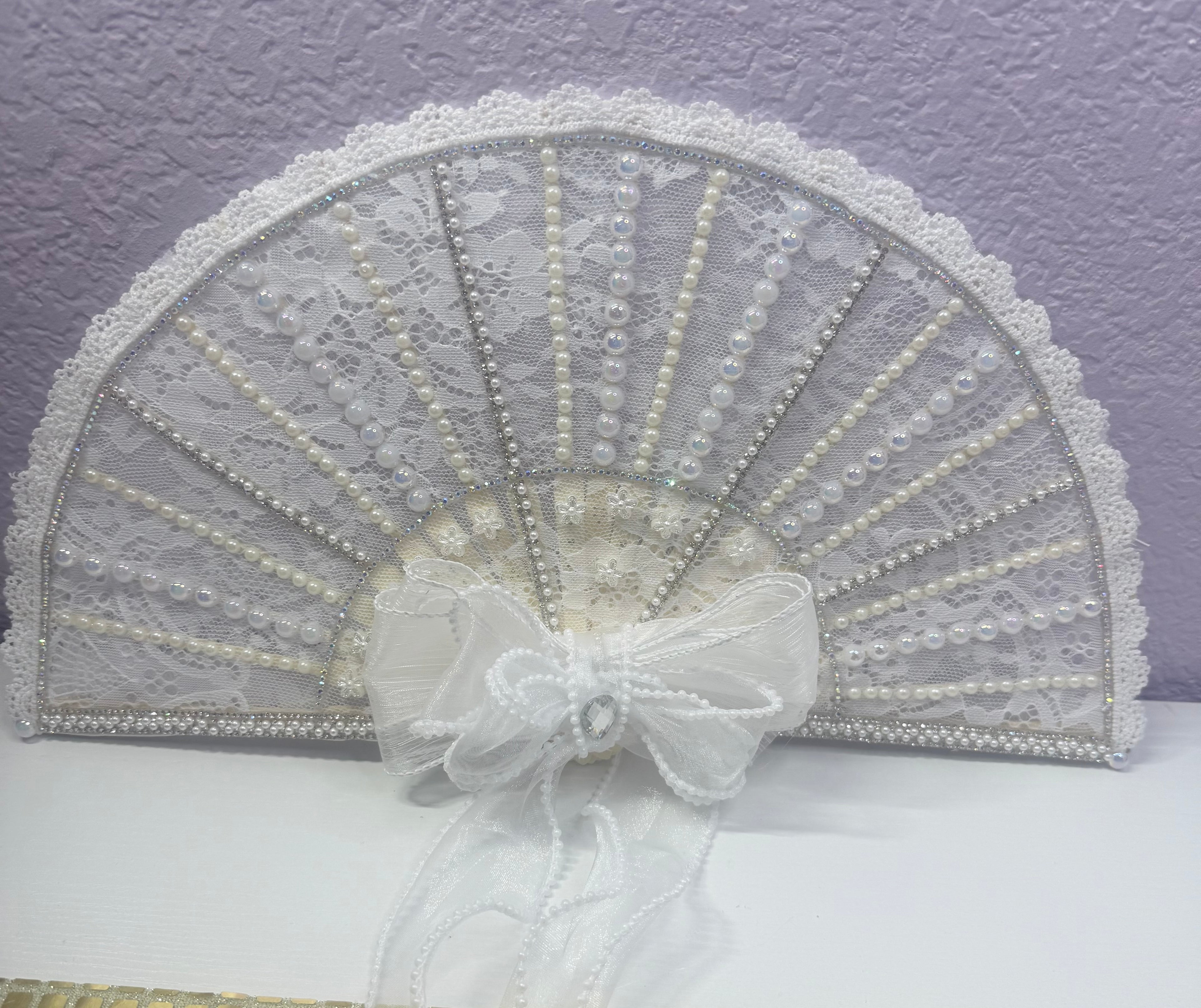Luxury White Lace Bridal Hand Fan with Pearls & Rhinestone Bow