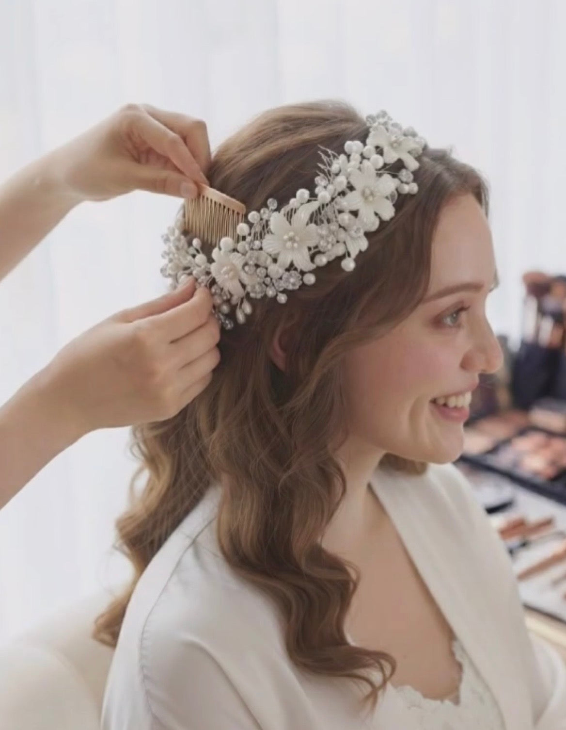 Handmade Bridal Hair Vine with White Flowers, Pearls & Crystals
