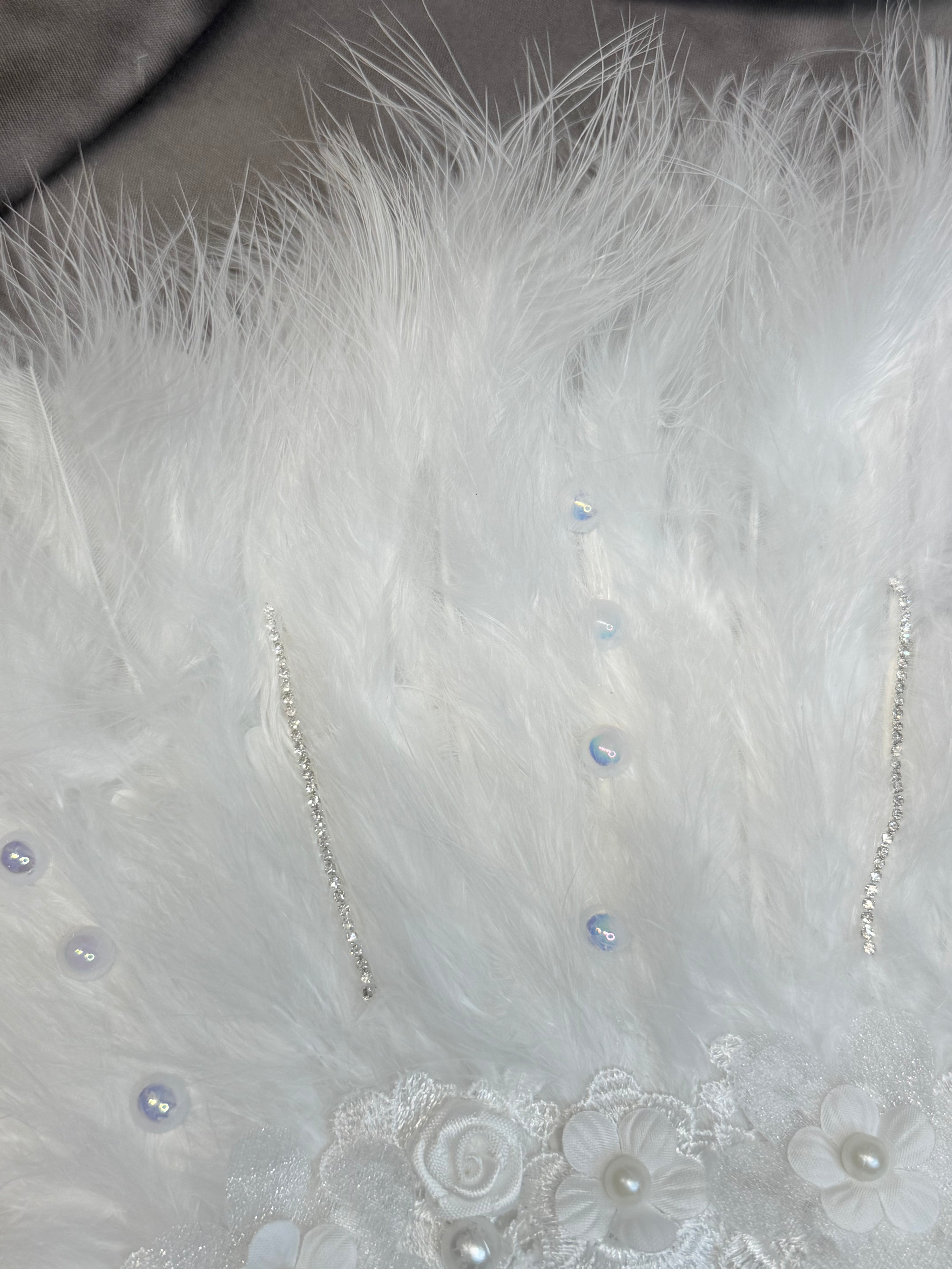 Luxury White Feather Bridal Fan with Pearls, Lace & Crystal Details