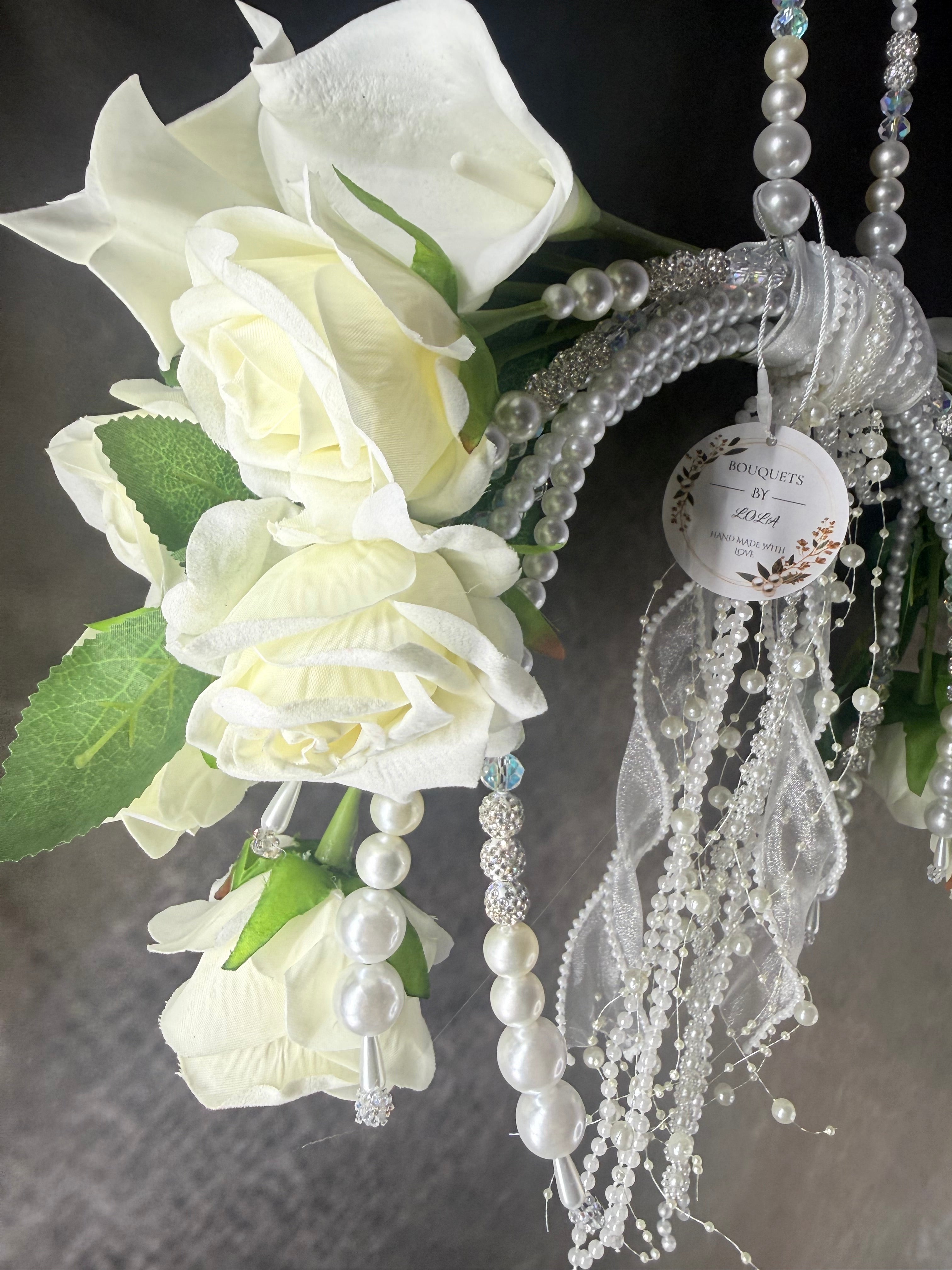 Luxury Pearl Hoop Bridal Bouquet | White Calla Lily Wedding Bouquet | Elegant Hanging Wedding Flowers | Handmade Bridal Bouquet