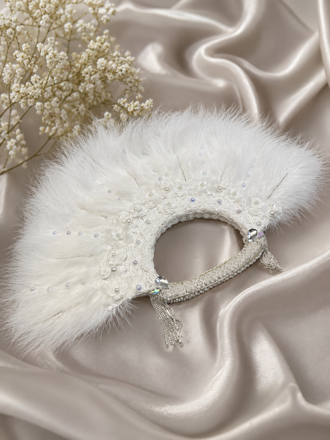 Luxury White Feather Bridal Fan with Pearls, Lace & Crystal Details