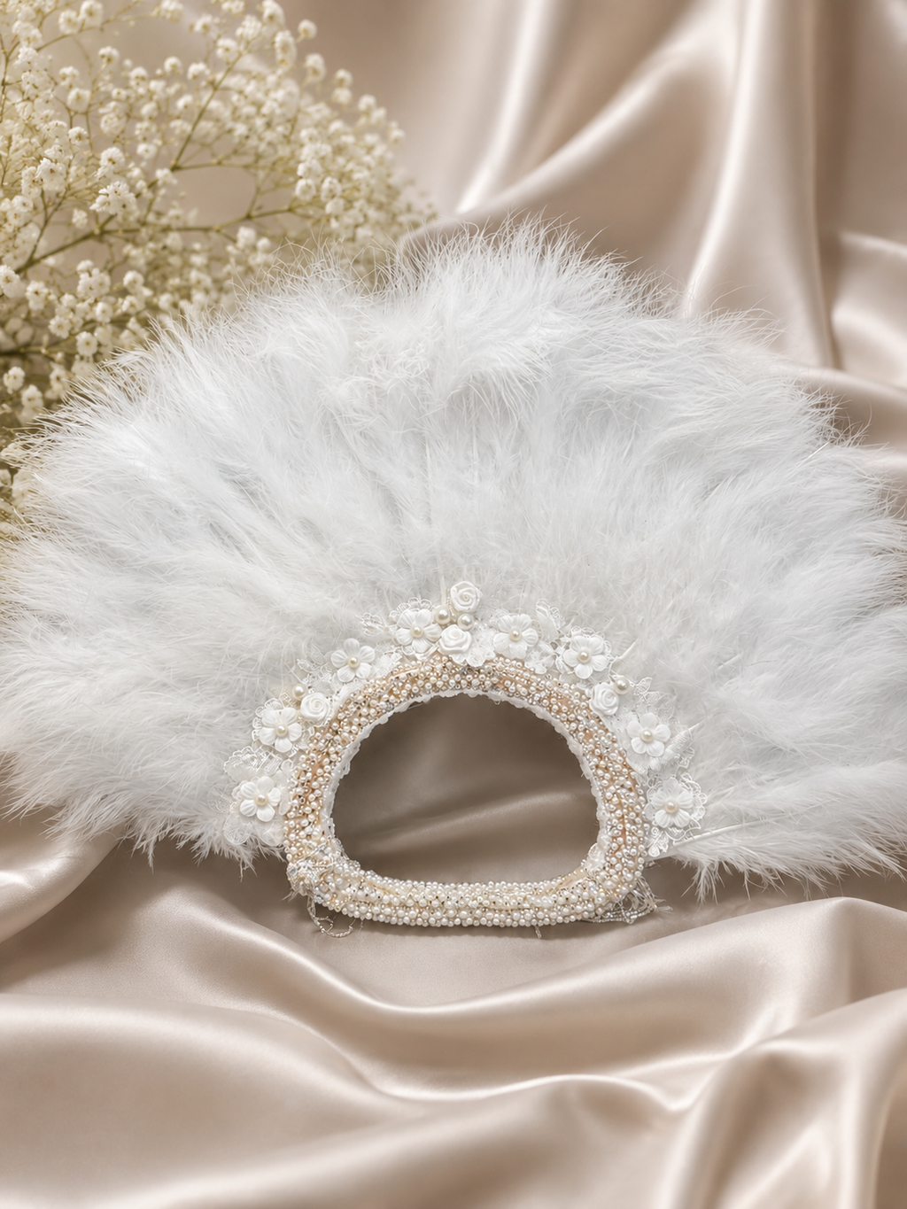 Luxury White Feather Bridal Fan with Pearls, Lace & Crystal Details